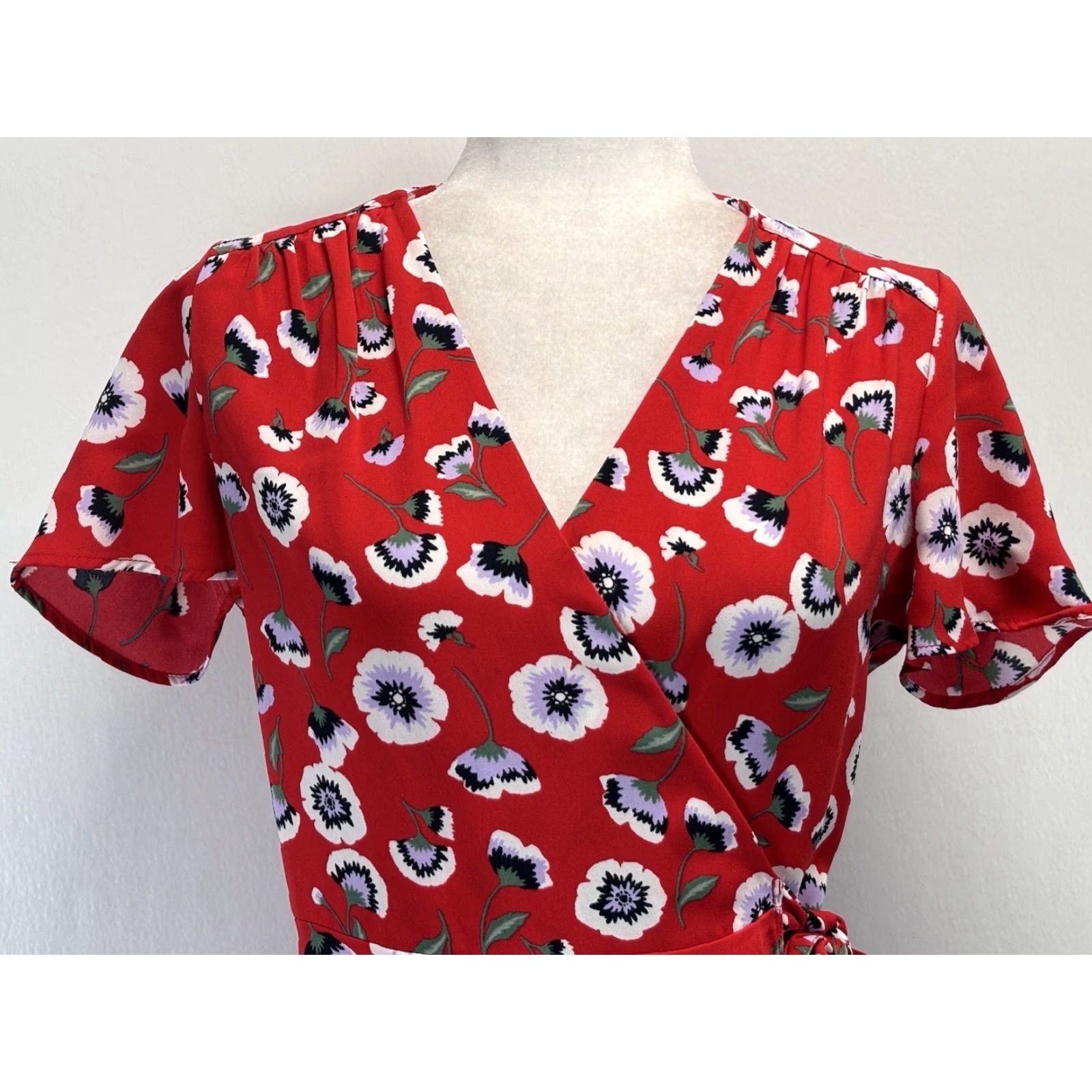 J.Crew J. Crew Red Poppy Wrap Dress Sz 0 VGUC Flutter Sleeve Size XS / US 0-2 / IT 36-38 - 5 Thumbnail