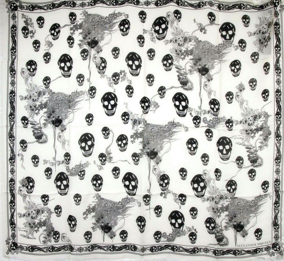 Alexander McQueen Women's Ivory / Black Modal / Wool Scarf Ophelia Skull Size ONE SIZE - 1 Thumbnail