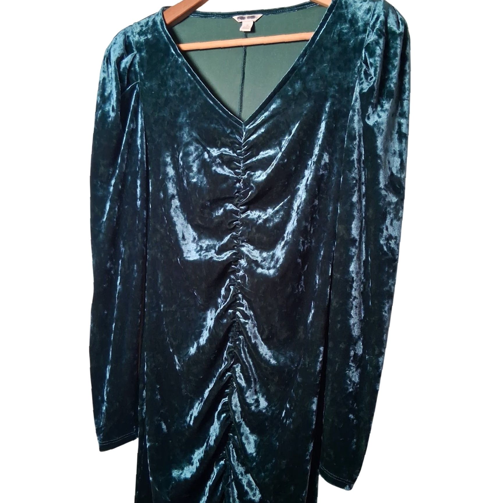 Vintage Cato Dress Small Green Velour Puff Sleeve V-Neck Long Sleeve Retro Party Wedding Bodycon Fairycore Whimsical Boho Knee Length Size S / US 4 / IT 40 - 3 Thumbnail