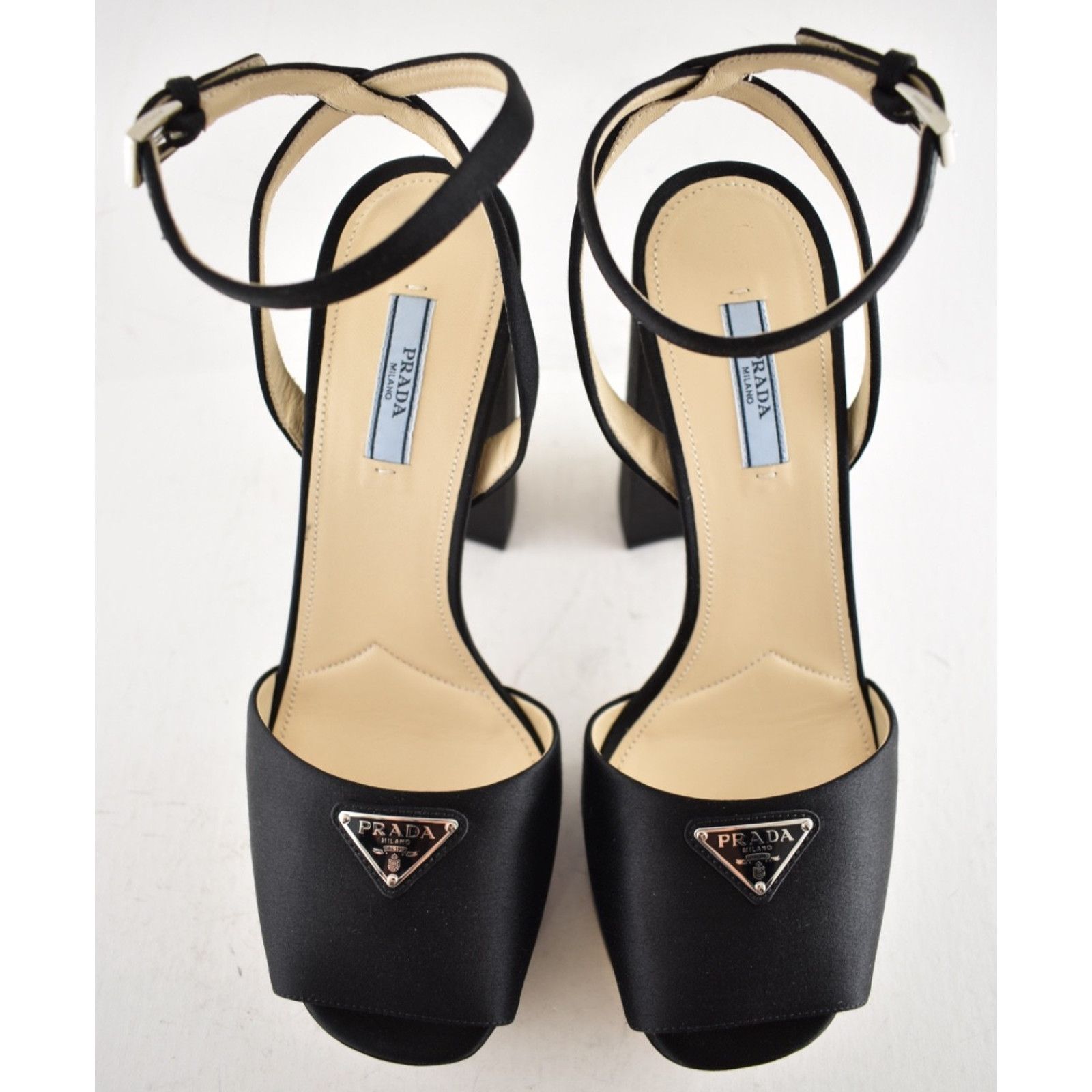 Prada Prada 135mm Black Satin Logo Platform Sandal Ankle Strap Size US 10 / IT 40 - 10 Thumbnail