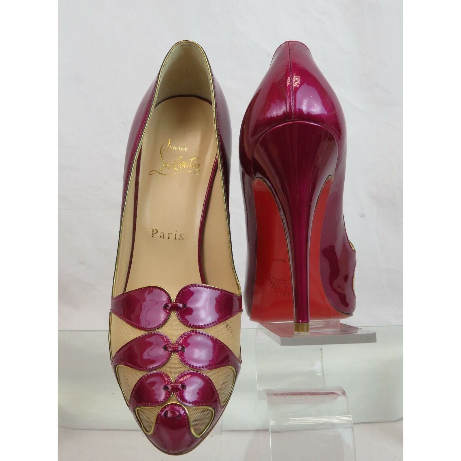 Christian Louboutin MOIRA 120 PURPLE PATENT LEATHER MESH CUTOUT HEEL PUMPS 37 Size US 7 / IT 37 - 8 Thumbnail