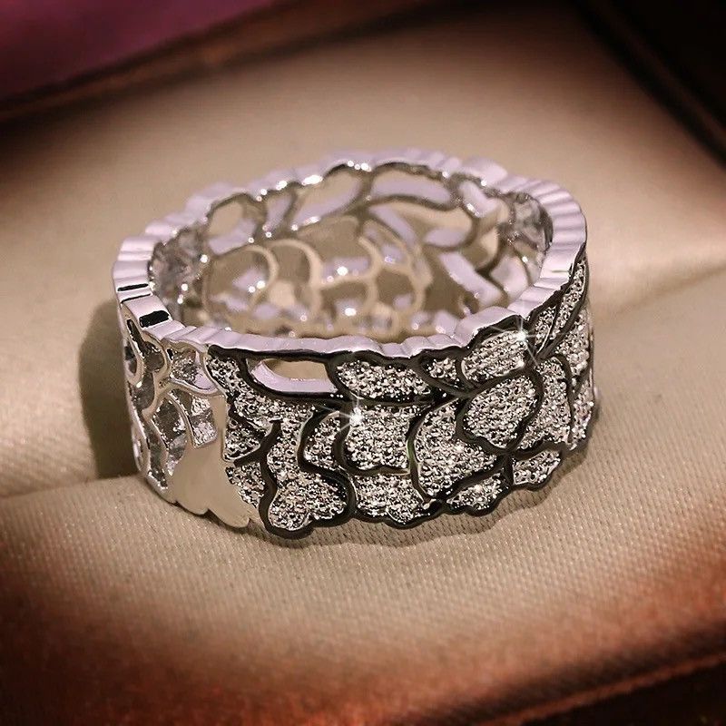 Designer × Jewelry × Sterling Silver 925 Silver Jewelry Unique Design Hollow Lace Pattern Ring Size ONE SIZE - 2 Thumbnail