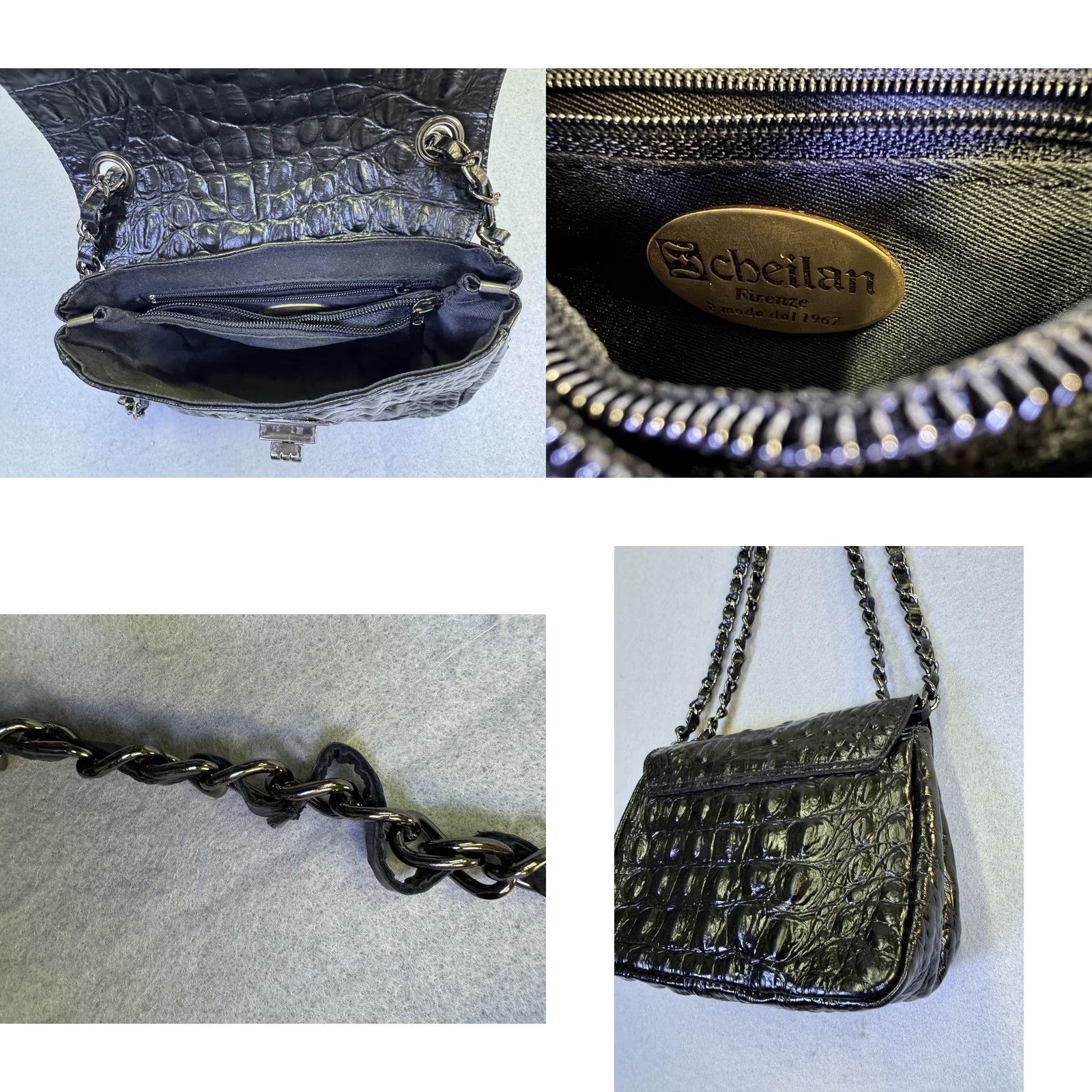 Vintage Scheilan Shoulder Bag Womens Mini Black Crocodile Leather Chain Strap Turn Lock Size ONE SIZE - 8 Thumbnail