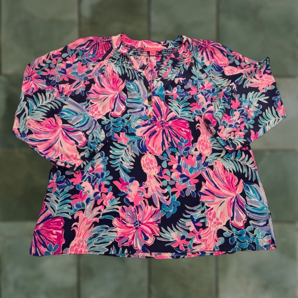 Lilly Pulitzer Lilly Pulitzer Blouse Women Large Silk Multicolor Elsa Pineapple Vacation Office Princess Womens Size L / US 10 / IT 46 - 1 Thumbnail