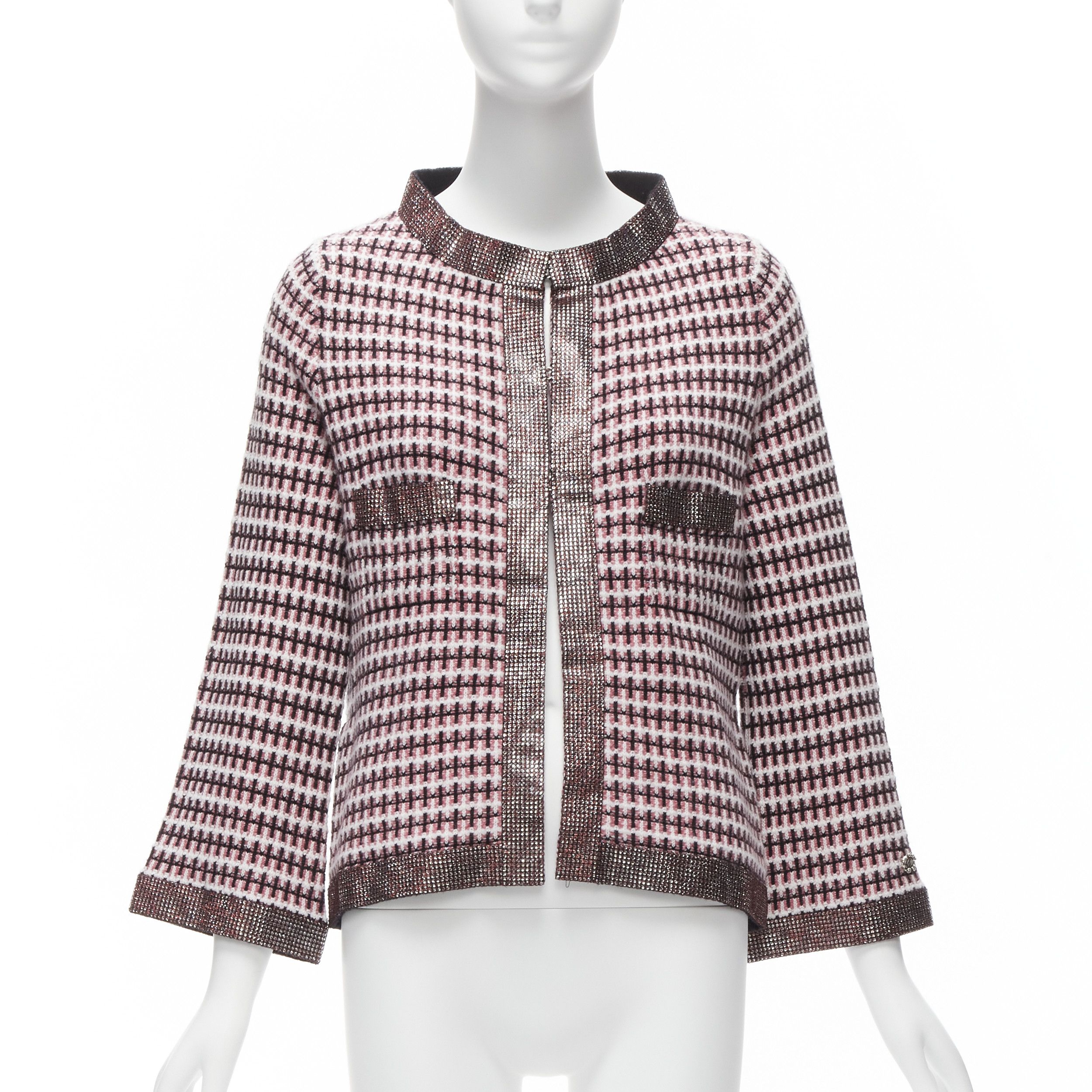 CHANEL pink 100% cashmere tweed crystal trim swing cardigan jacket FR34 XS