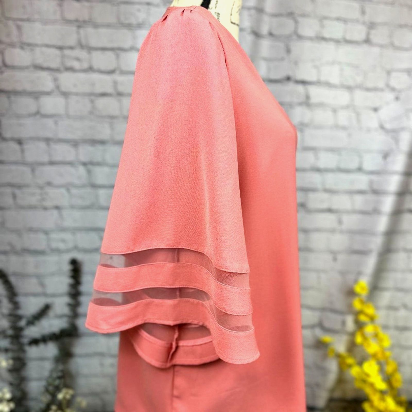 Other Casual V Neck 3/4 Bell Sleeve Mesh Panel Blouse Coral XL Size XL / US 12-14 / IT 48-50 - 4 Thumbnail