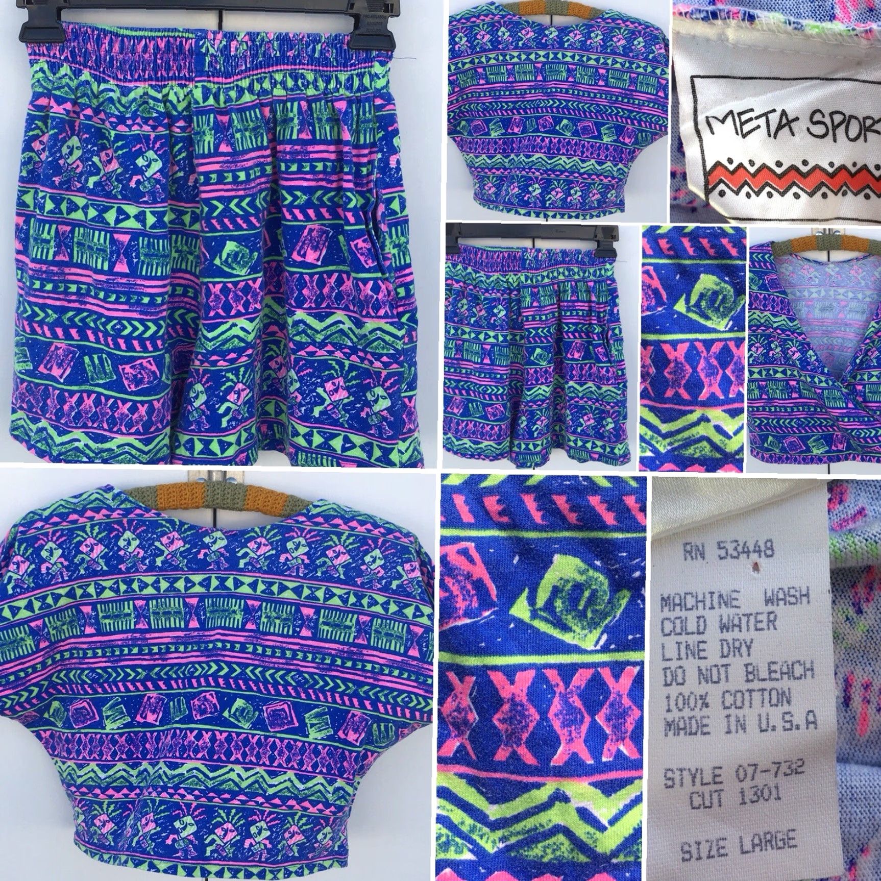 Vintage Vtg Meta Sport Shorts & Crop Top Tee 80s Neon Geometric 1980s Size L runs small Size L / US 10 / IT 46 - 2 Thumbnail