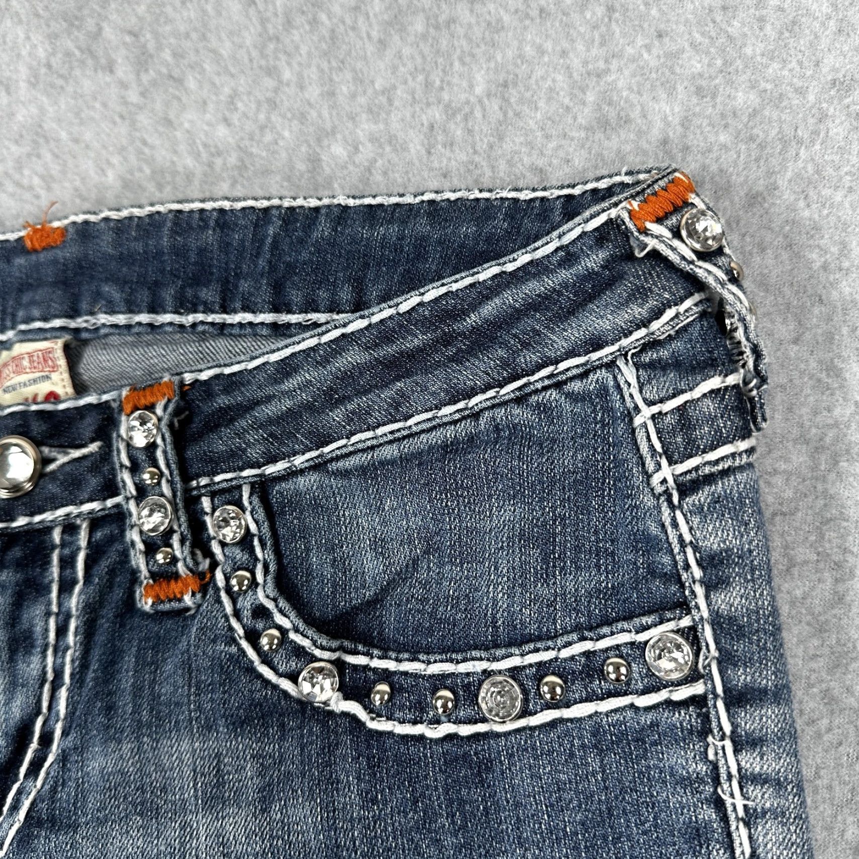 Vintage Miss Chic Jeans Womens 5 Blue Bootcut Denim Pants Distressed Crystal Studded Rhinestone Pockets Y2K Size 27" / US 4 / IT 40 - 2 Thumbnail