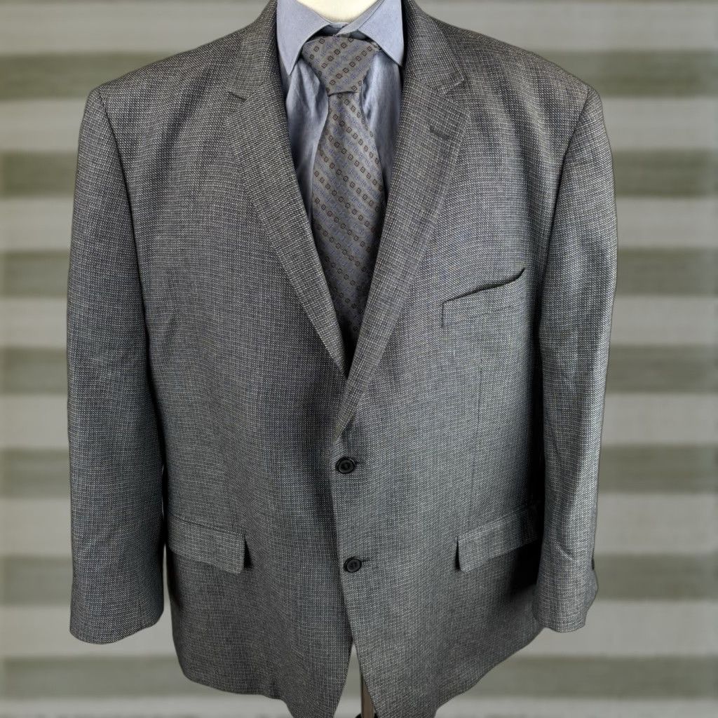 Vintage VINTAGE Haines & Bonner Blazer Men 2XLT 50L-52L Gray Silk Tweed Notch Lapel Double-Vented Long Geometric London 100% Silk Sport Coat Blazer Mens Size 50R - 1 Thumbnail
