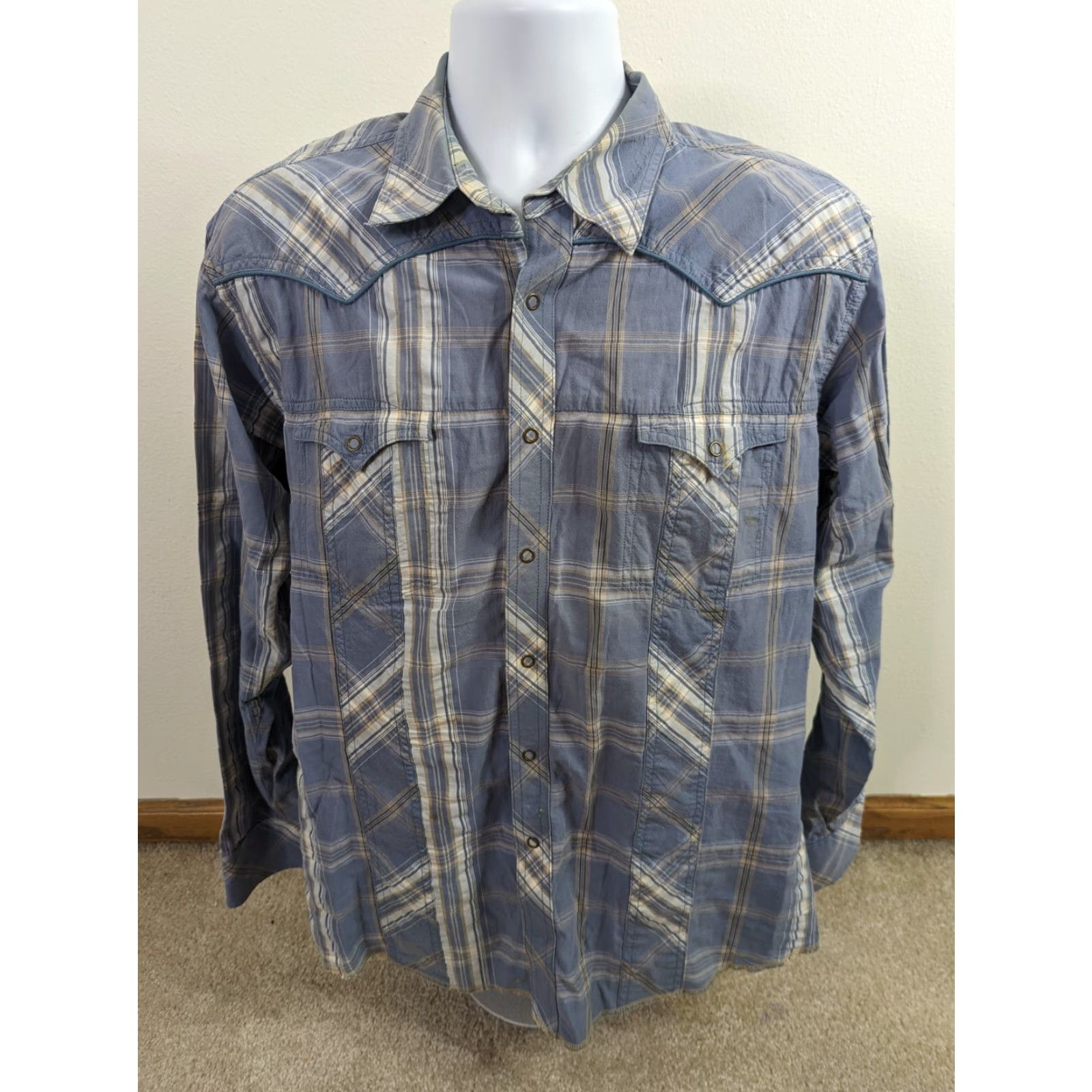 Wrangler VINTAGE Wrangler Mens L Pearl Snap Western Shirt Plaid Long Sleeve Blue L7S Mens Shirt Button-Up 80s 90s Western Casual Cowboy Men’s Blue S/S Size US L / EU 52-54 / 3 - 2 Thumbnail