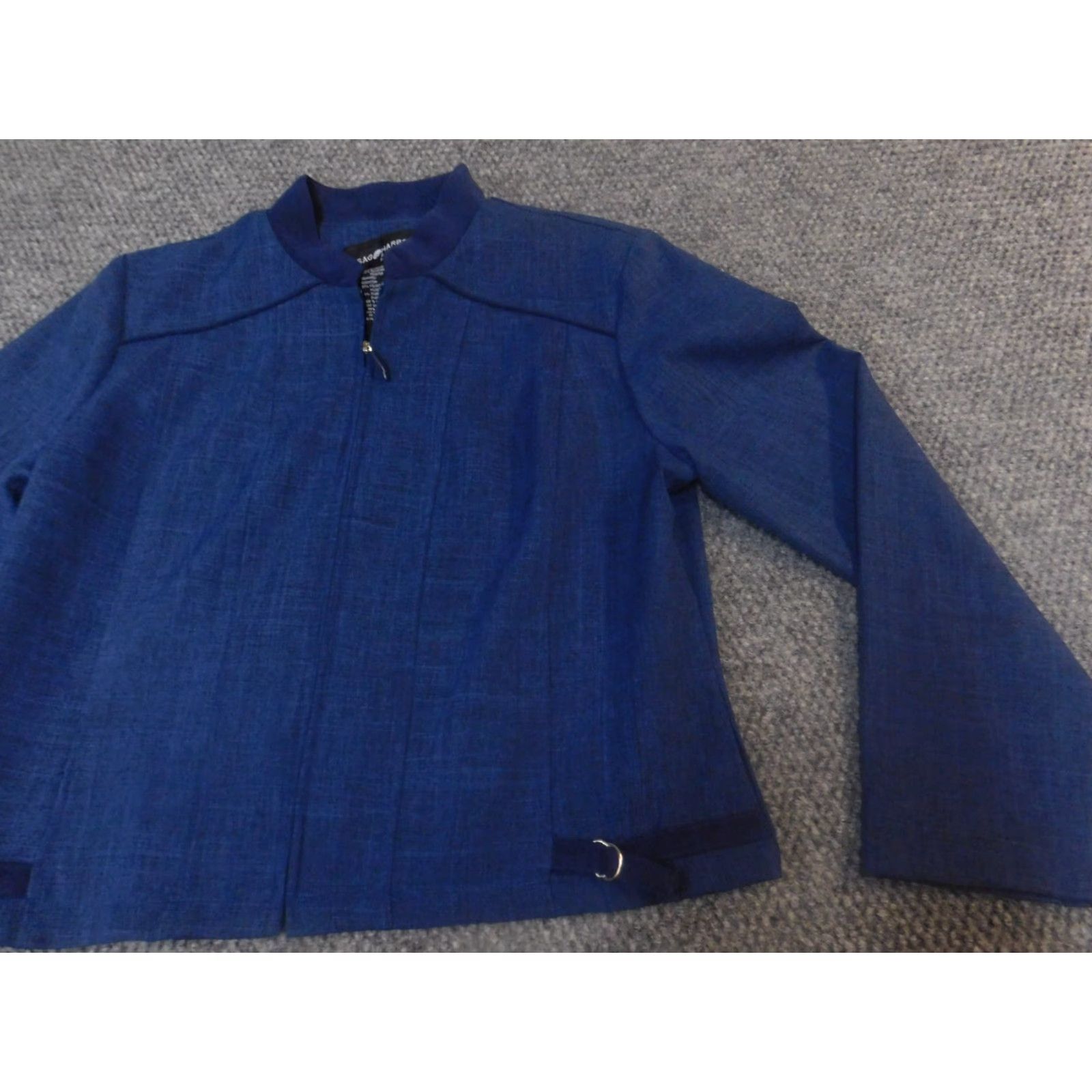 Vintage Sag Harbor Women Blazer 10P Petite Blue Full Zip Stretch Mid-Length Jacket, Business Casual, Long Sleeve, Polyester Size L / US 10 / IT 46 - 2 Thumbnail