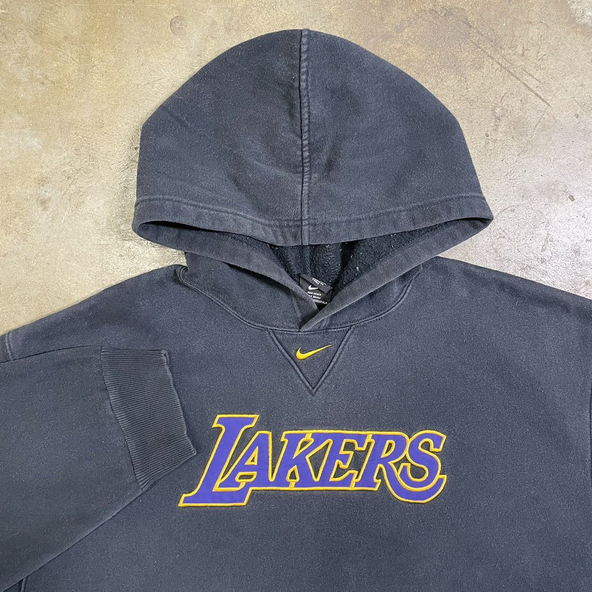 image of L A Lakers x Nike Vintage Nike Lakers Center Swoosh Black Hooded Sweatshirt, Men's (Size 2XL)