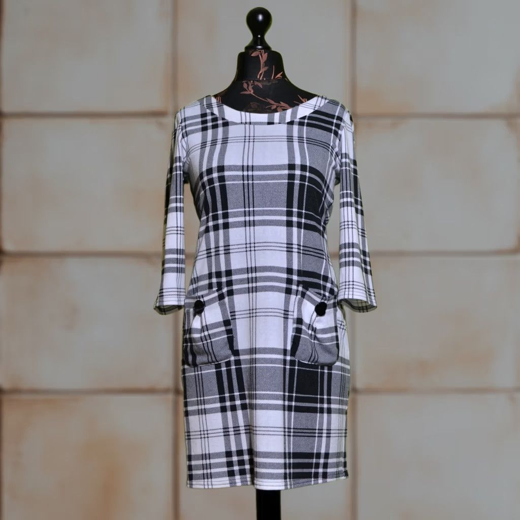 Joseph Ribkoff Joseph Ribkoff Dress Women's Long Sleeve Checked Pockets Knee Length Boat Neck Size 10 White Black Size L / US 10 / IT 46 - 1 Thumbnail