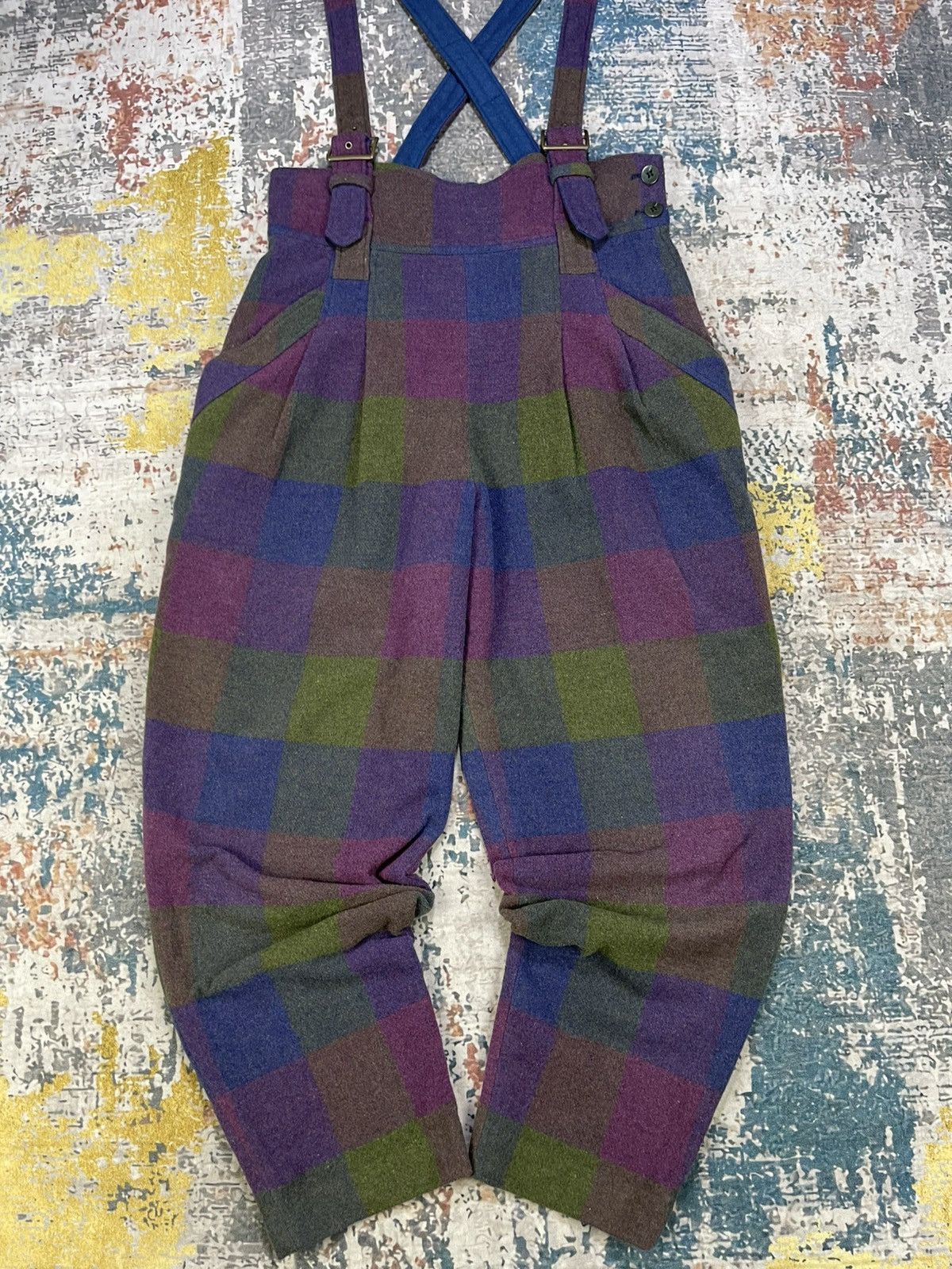 Japanese Brand Vintage Boho Patchwork Plaid Wide Leg Wool Dungaree Size US 30 / EU 46 - 2 Thumbnail