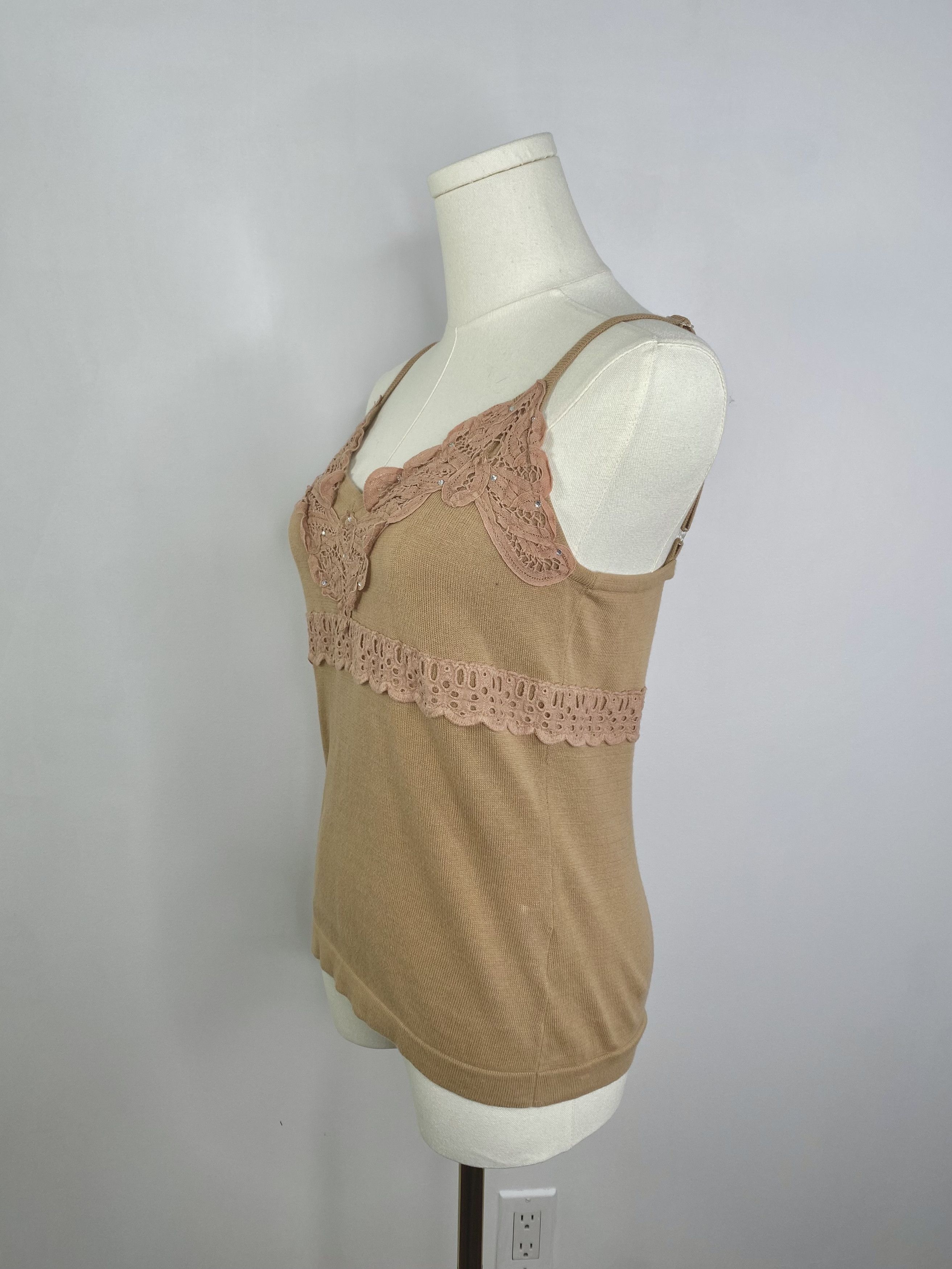 Vintage Sandra Angelozzi - Beige Cotton Floral Lace Tank Top Size M / US 6-8 / IT 42-44 - 4 Thumbnail