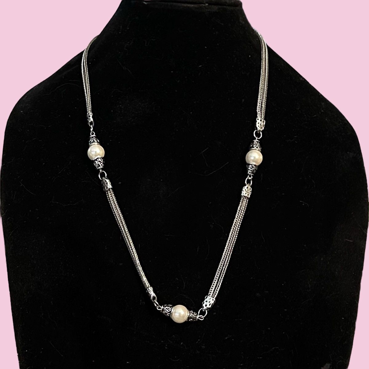 Other Silver tone double wheat chain station pearl necklace Size ONE SIZE - 1 Thumbnail