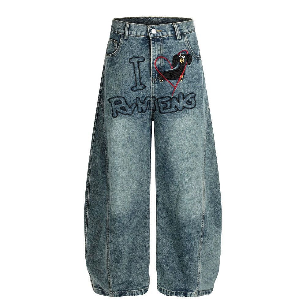 Jean Men's distressed washed cartoon embroidered scimitar jeans Size US 32 / EU 48 - 1 Thumbnail