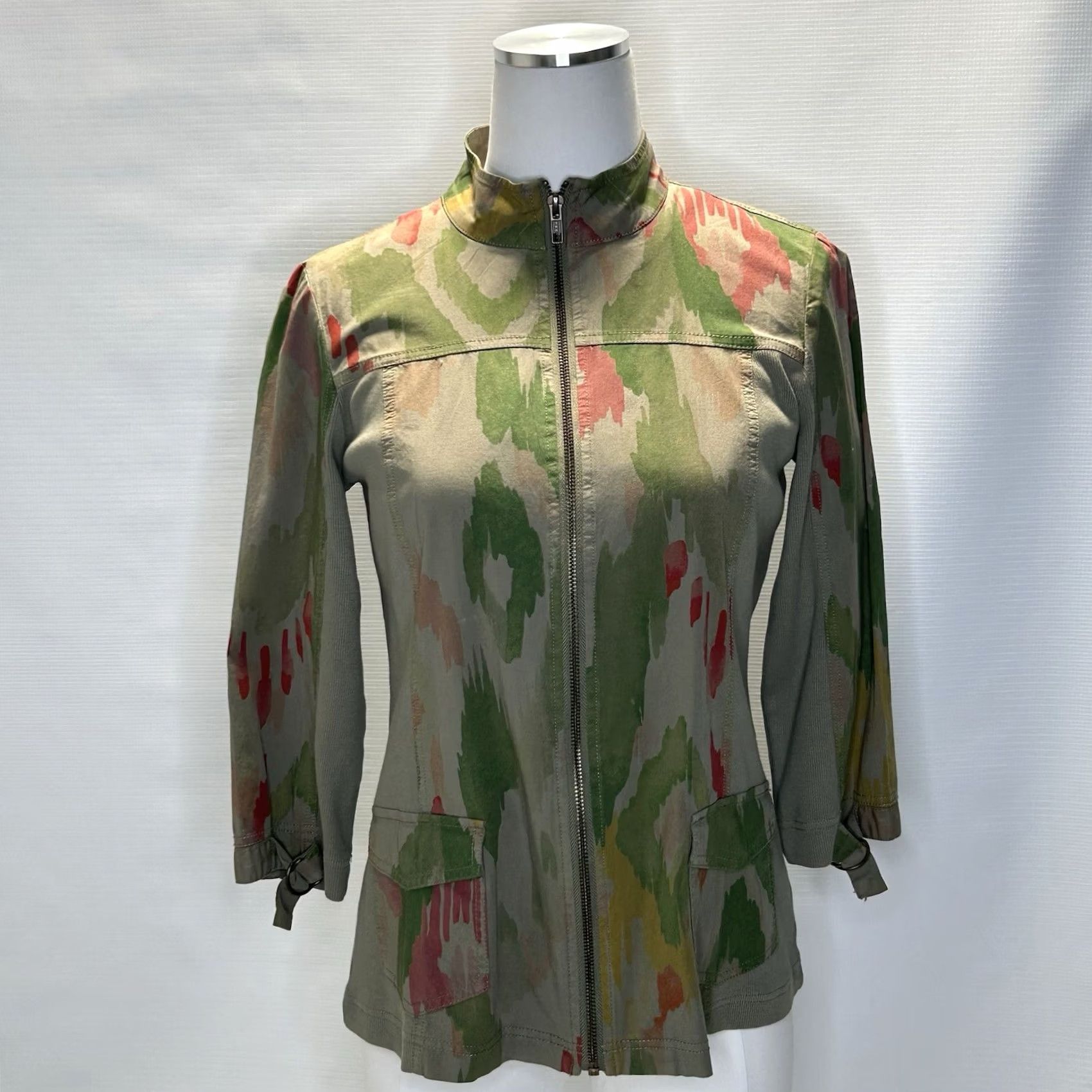 Vintage Chicos Jacket Womens S Small Green Ikat Utility Zip Up 3/4 Sleeve Zipper Front Pockets Bohemian All Seasons Size S / US 4 / IT 40 - 4 Thumbnail