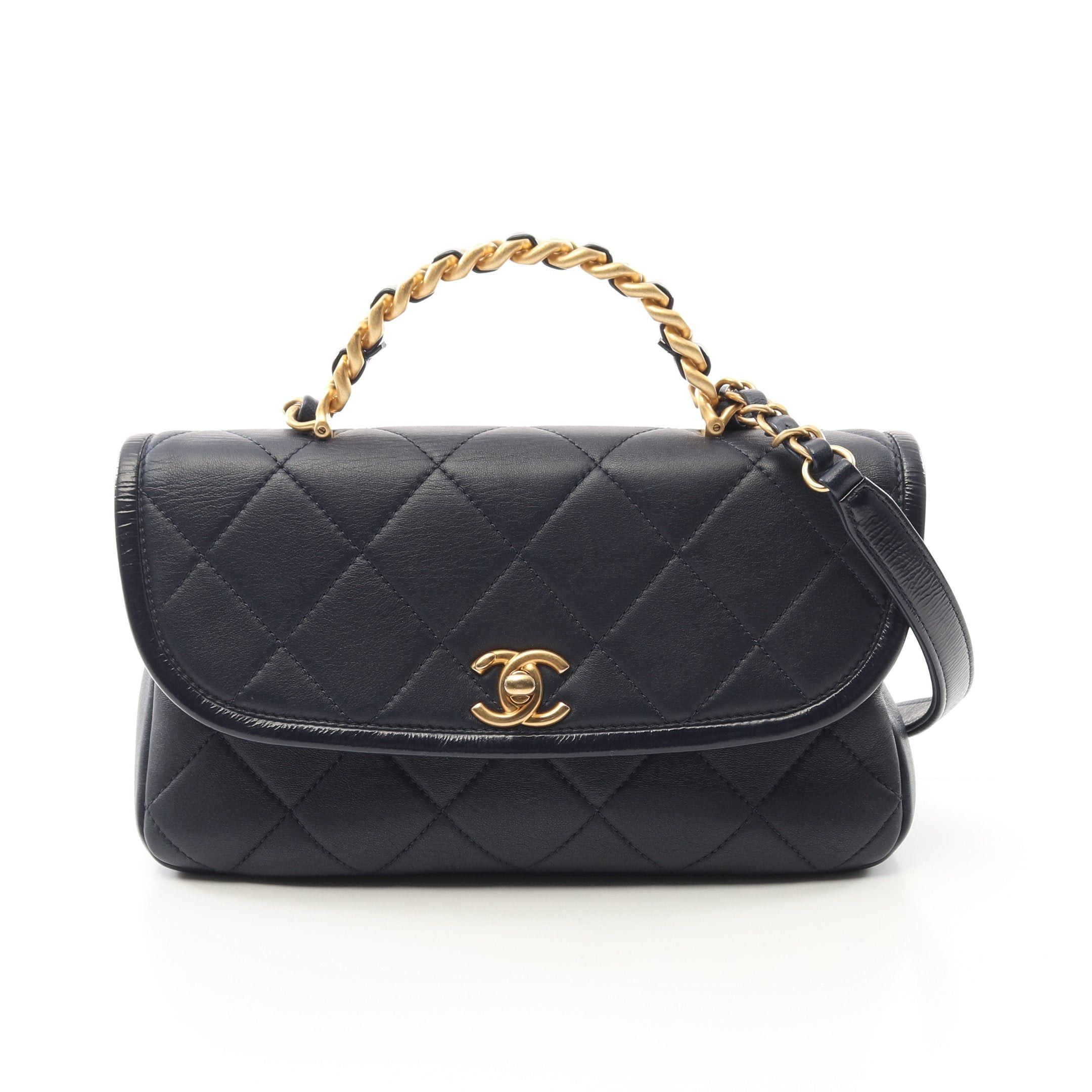 Chanel Top Handle Matelasse Chain Shoulder Bag Lambskin Navy Gold Hardware in Blue, Women's