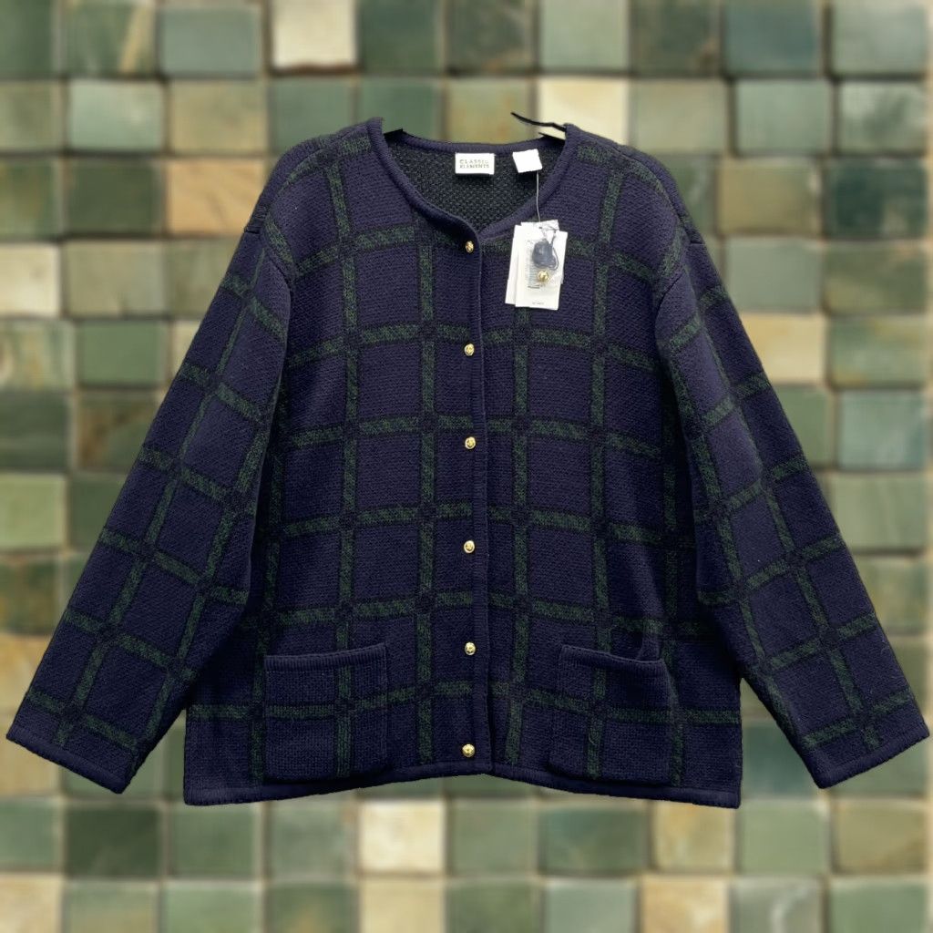 Vintage VINTAGE Classic Elements Cardigan Unisex Adults Large Plaid 90s Preppy Academia Blue Knit Chunky Oversized Button Embroidered Long Sleeve Round Neck Size L / US 10 / IT 46 - 1 Thumbnail