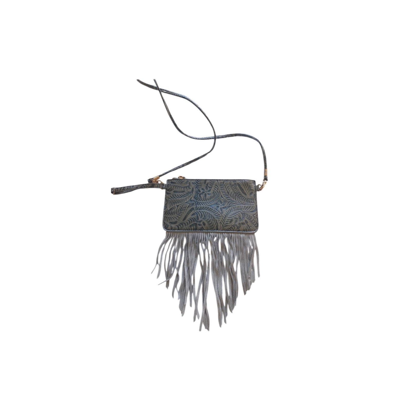 Free People Free People Gray Fringe Crossbody Bag Embossed Leaf Design Size ONE SIZE - 1 Thumbnail