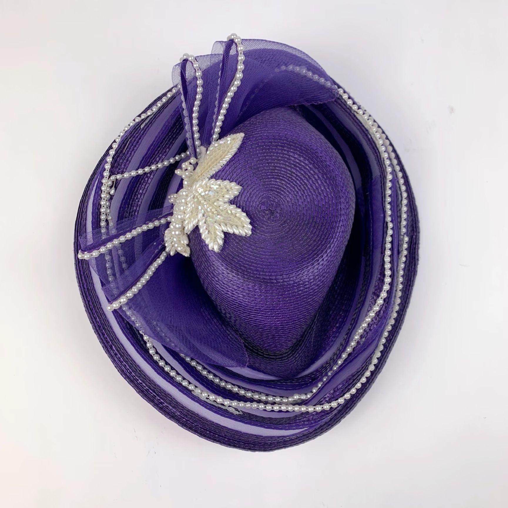 Vintage VINTAGE Taiwan Polypropylene Fancy Tea Derby Church Hat Purple Pearl Tulle Derby Purple 1980s Womens Size ONE SIZE - 3 Thumbnail