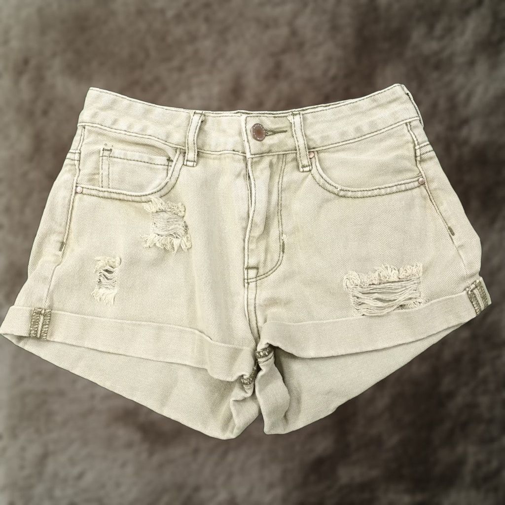 Denime BULLHEAD High-Rise Green Distressed Denim Jean Shorts Womens Size 24 Size 42" / US 20 - 1 Thumbnail