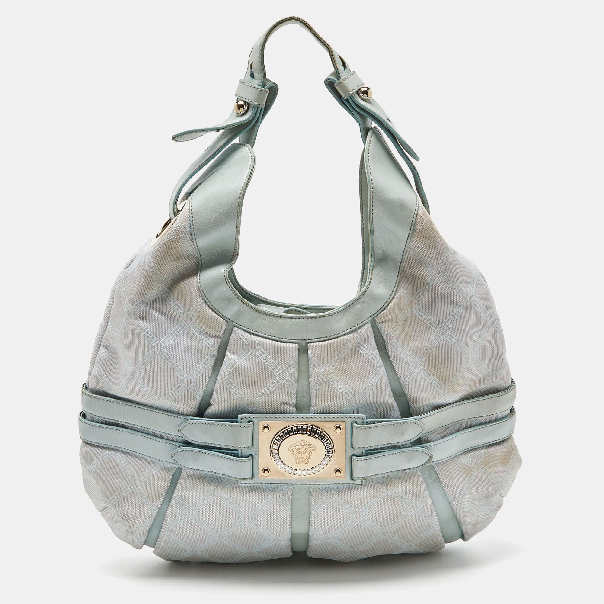 image of Versace Ice Blue Signature Nylon And Leather Hobo in Black, Women's