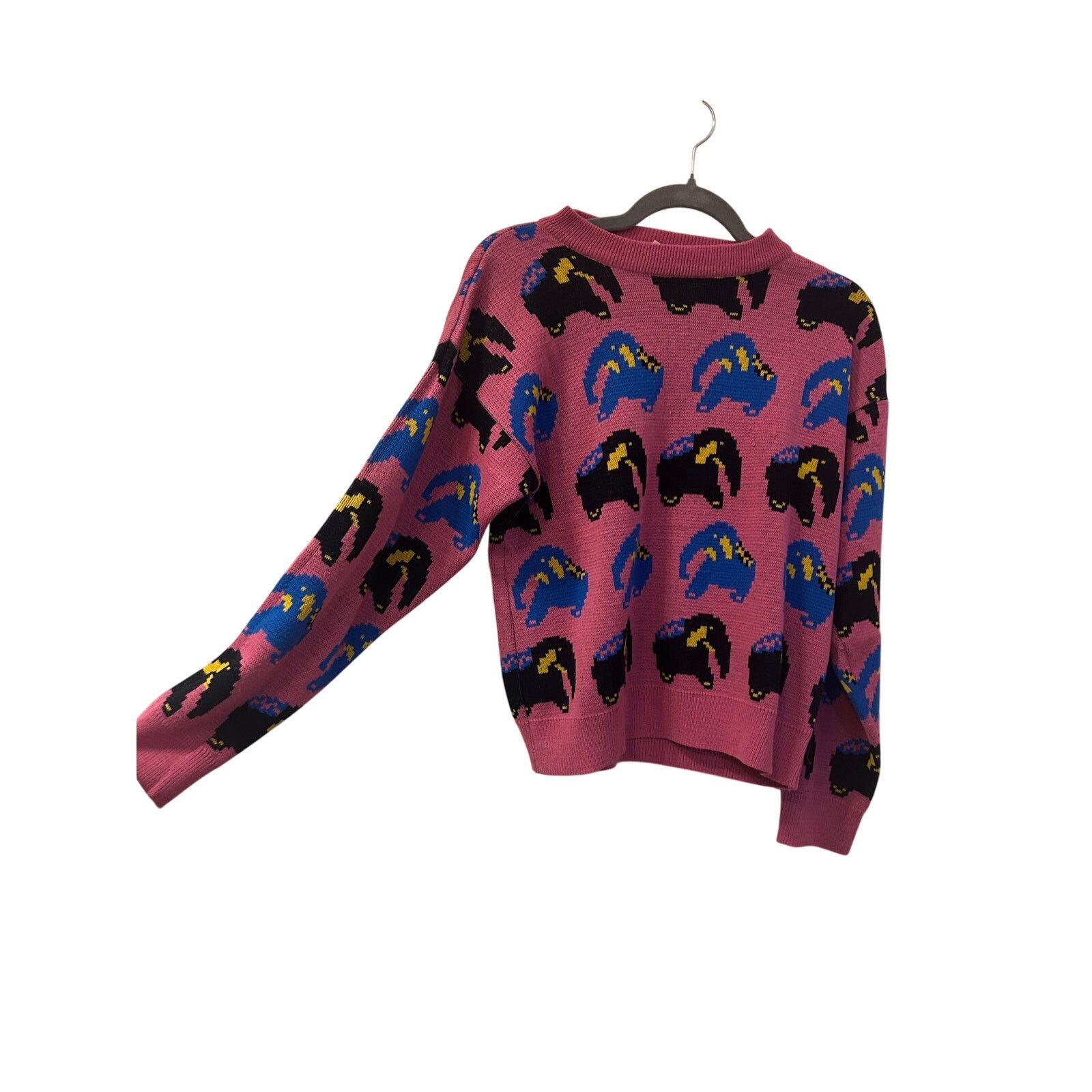Vintage 1980s Pop Art pink elephants print novelty knit VTG sweater Size M / US 6-8 / IT 42-44 - 2 Thumbnail