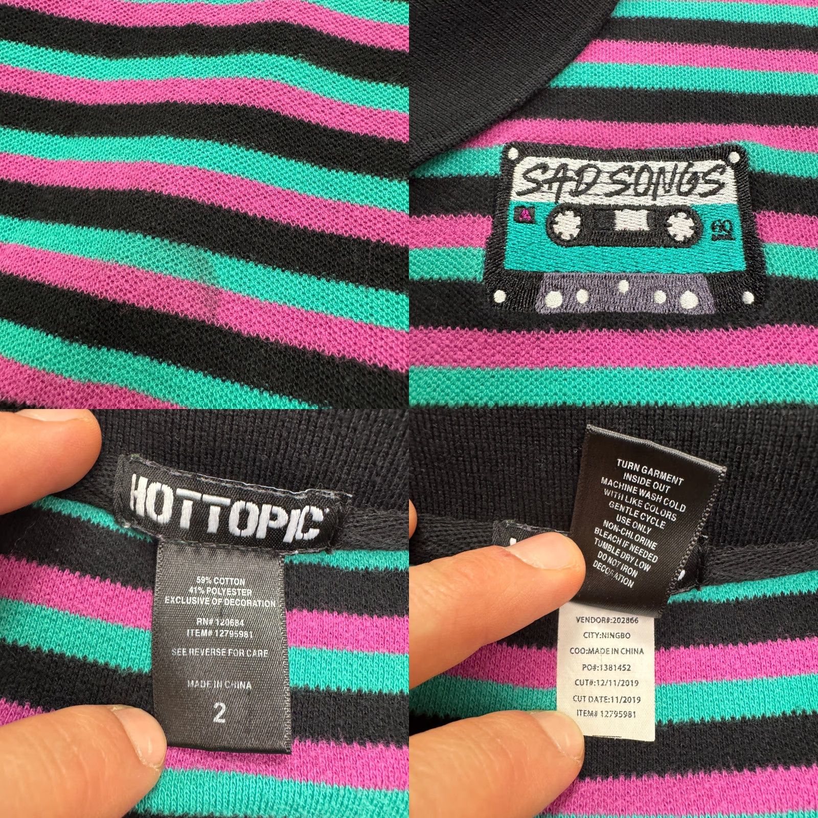 Hot Topic VINTAGE Hot Topic Sad Song A-Line Mini Polo Dress Womens 2 Striped Short Sleeve Casual Spring Summer Pink Green Black Cotton Blend Size XS / US 0-2 / IT 36-38 - 8 Thumbnail