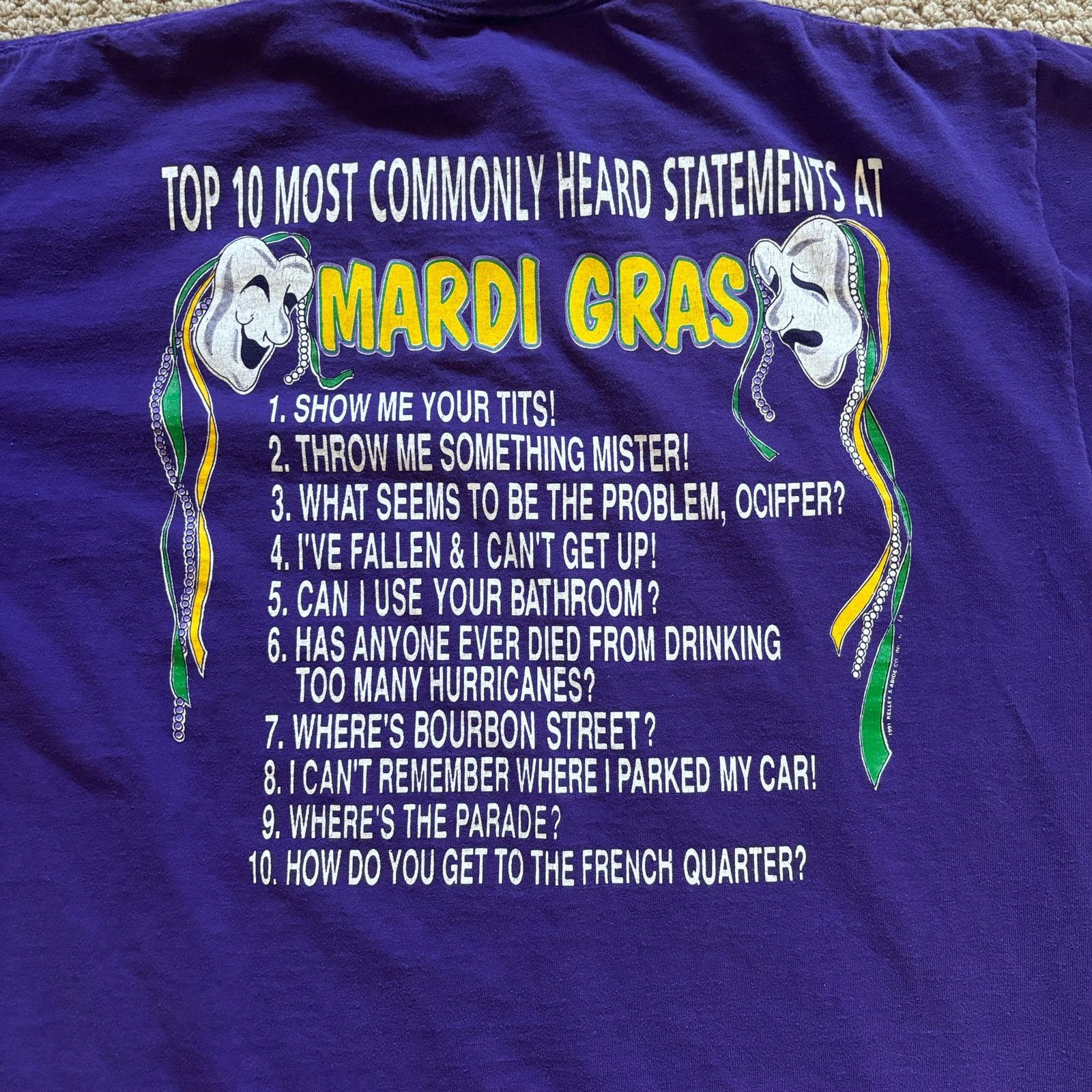 Jerzees Vintage 1994 "I Survived Mardi Gras" purple Tshirt XL 90s Size US XL / EU 56 / 4 - 6 Thumbnail