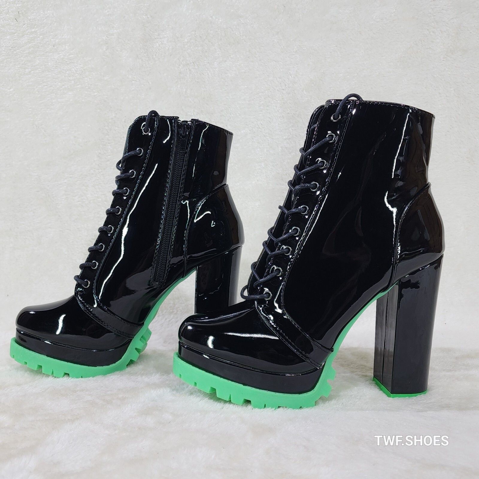 Other Vivian Black Patent Neon Green Lug Sole Chunky Heel Platform Size US 8 / IT 38 - 2 Thumbnail
