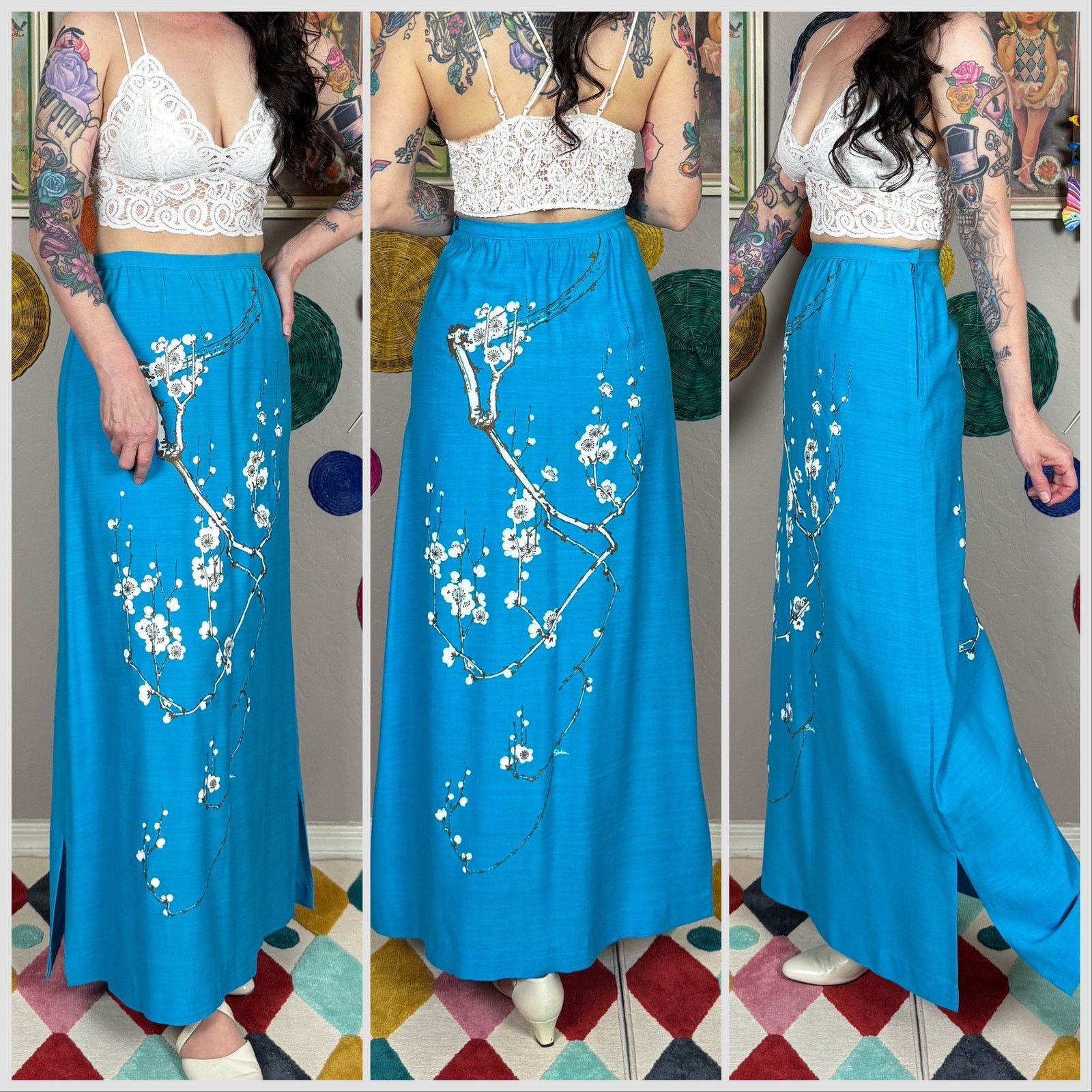 Vintage Vintage 1970s Blue High Waist Cherry Blossom Maxi Skirt Size 26" / US 2 / IT 38 - 2 Thumbnail