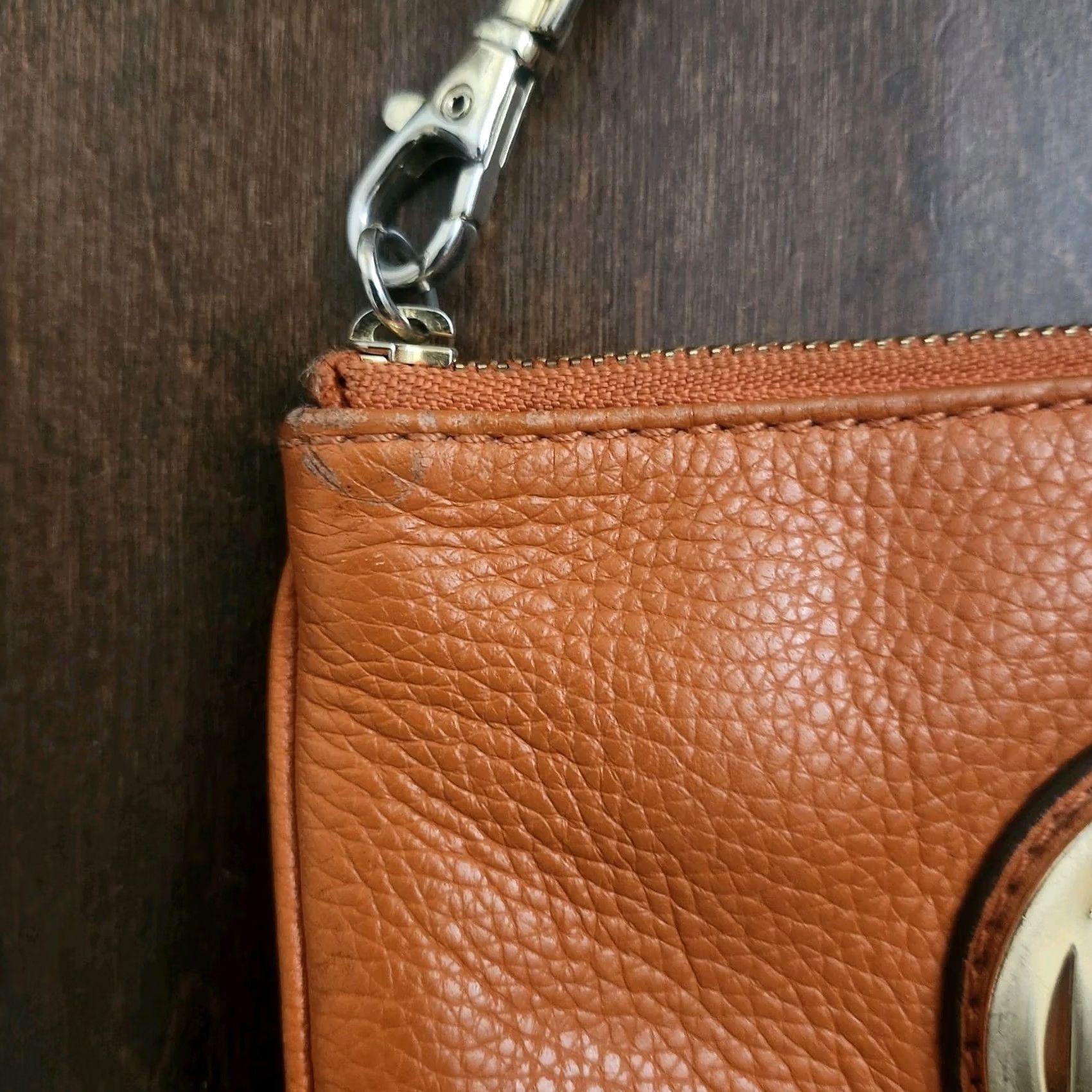 Michael Kors MICHAEL KORS SOFT PEBBLED GENUINE LEATHER MK LOGO WRISTLET in Tangerine Red Coral Red One Size Wristlet Womens Credit Card Zipper Strap Size ONE SIZE - 7 Thumbnail