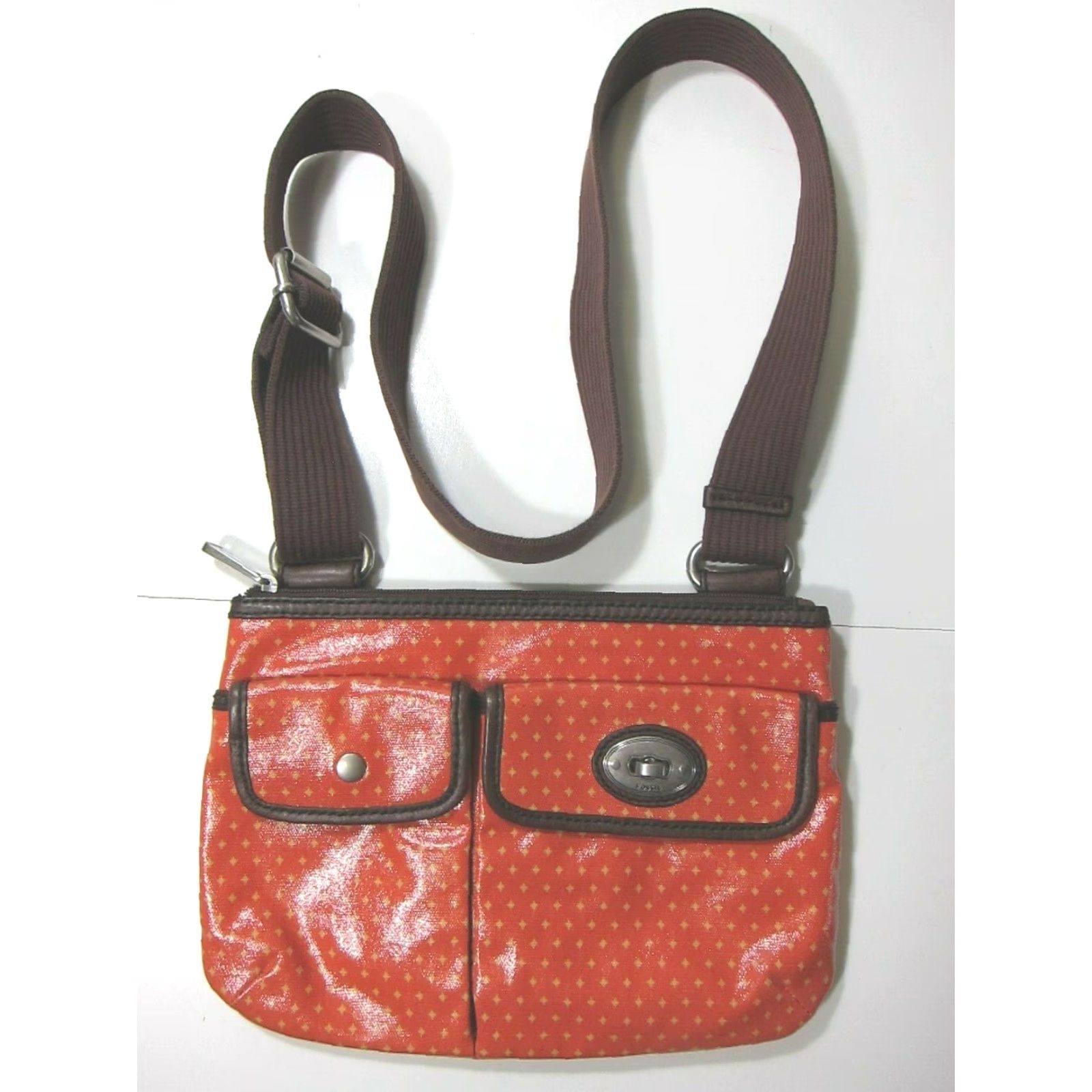 Fossil Fossil Star Orange Brown Plastic Satchel Crossbody Purse Bag Womens Small 80s 90s Star Pattern Pockets Size ONE SIZE - 7 Thumbnail