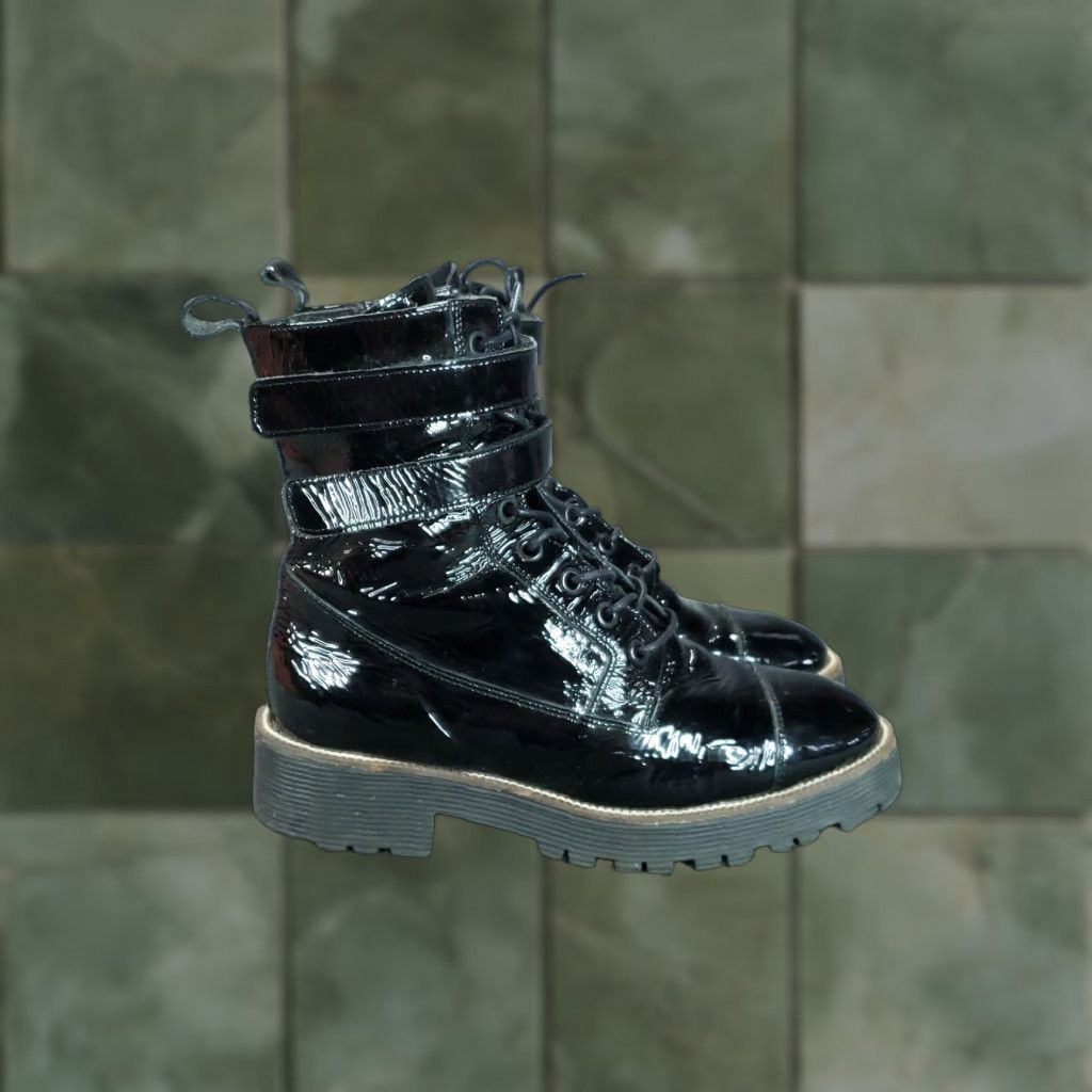 Vintage Shellys London Combat Boots Womens 7.5 Black Patent Leather Lug Sole Mid-Calf Size US 8 / IT 38 - 1 Thumbnail