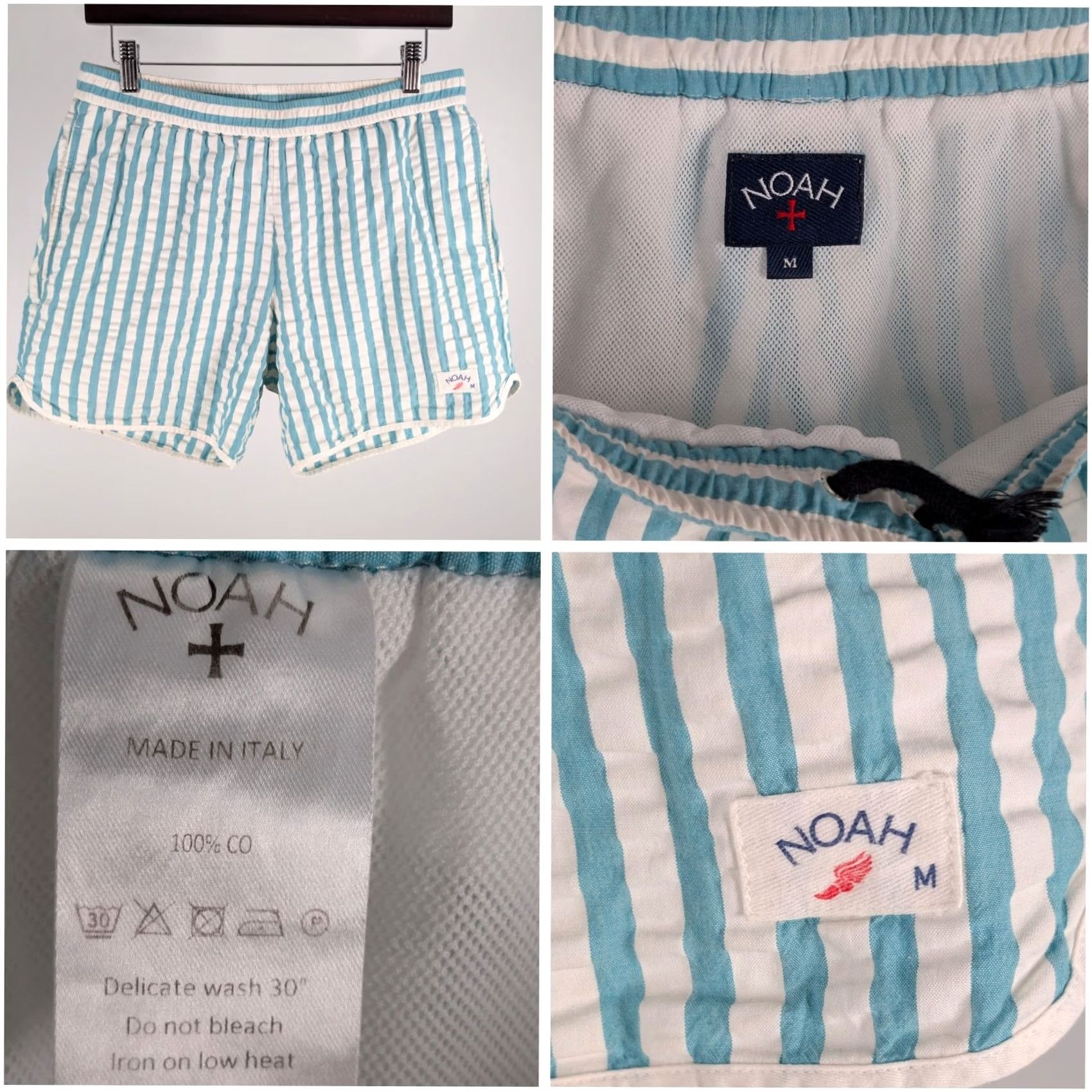 Noah NOAH Italy Striped Seersucker Swim Trunks Blue White Winged Foot Logo M Prep Bottom Mens Shorts Size US 31 - 2 Thumbnail