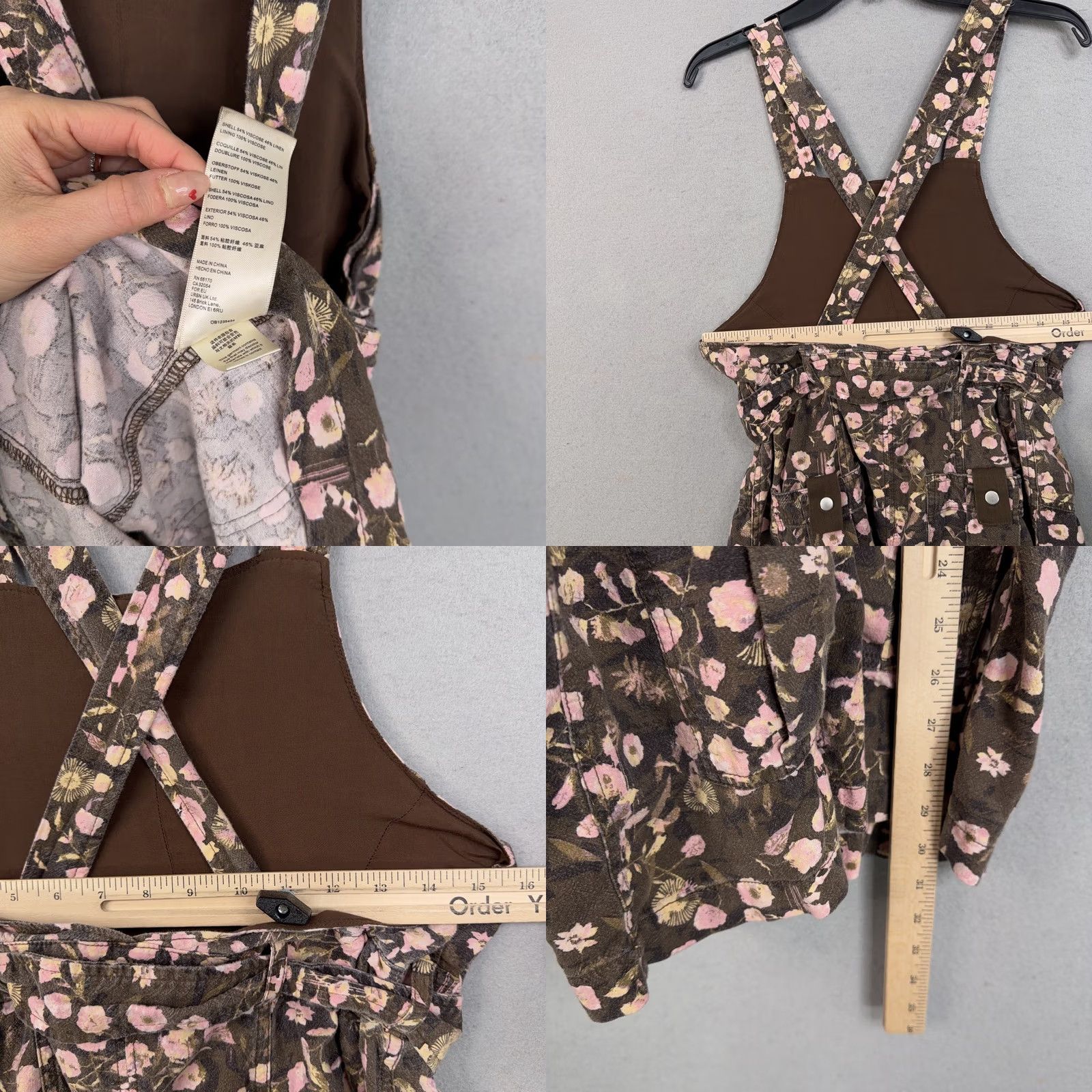 Free People Free People Dress Womens 2 Brown Pink Floral Linen Blend Mini Overall Jumper Dress Size XS / US 0-2 / IT 36-38 - 8 Thumbnail