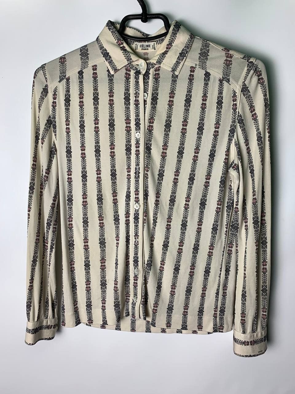 image of 1970S Celine Beige Chain Printed Shirt 100Silk, Women's (Size Small)