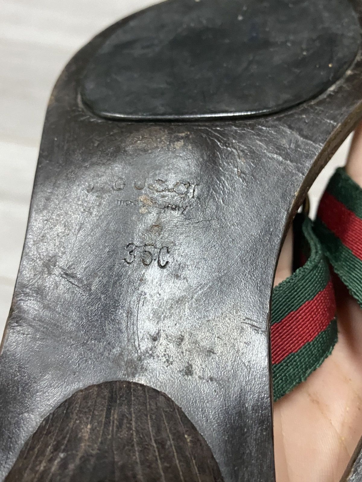 Gucci × Vintage Gucci web GG big logo heels wood flip-flops flats red green Size US 5 / IT 35 - 6 Thumbnail