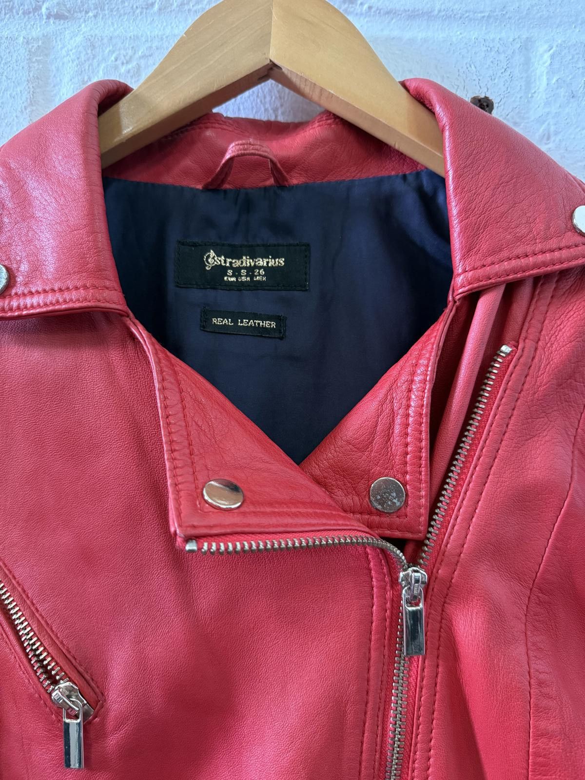 Designer Stylish Red Leather Biker Jacket by Extraordinary Size S / US 4 / IT 40 - 2 Thumbnail