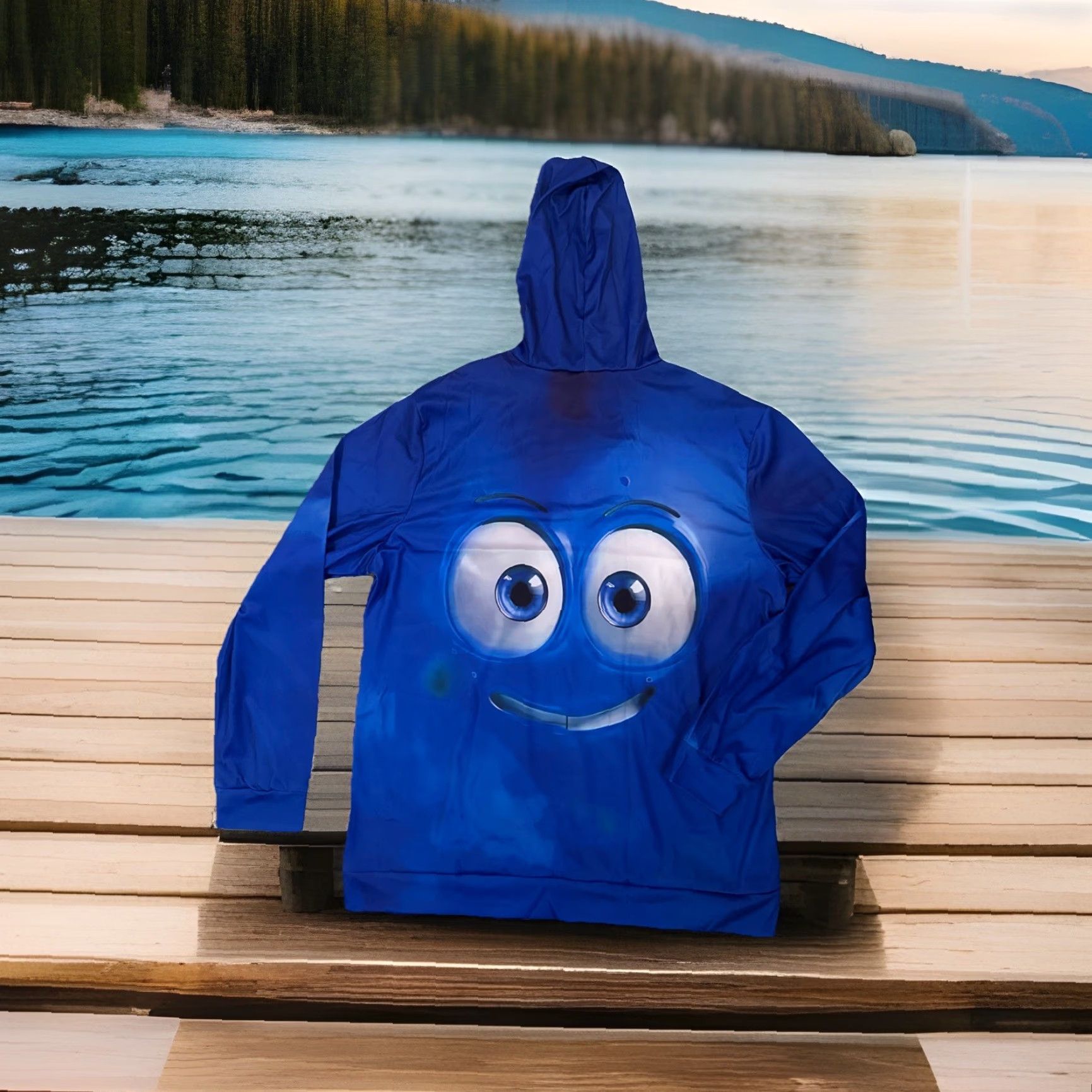 X-LARGE Smiley Blue Hoodie Mens X-Large All Over Print Pullover Street Wear XL 48” Chest Size US XL / EU 56 / 4 - 4 Thumbnail