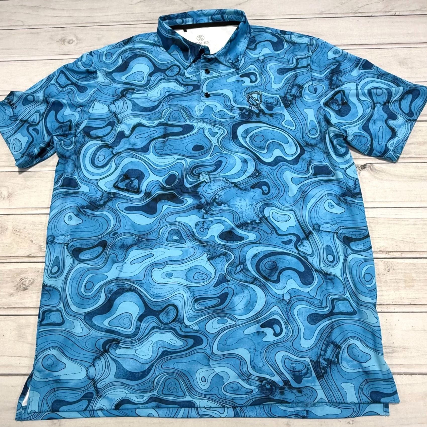 Vintage SCALES Polo Shirt Mens XL Blue Golf PGA National Resort Florida Geometric AOP Swirl Pattern Size US XL / EU 56 / 4 - 2 Thumbnail