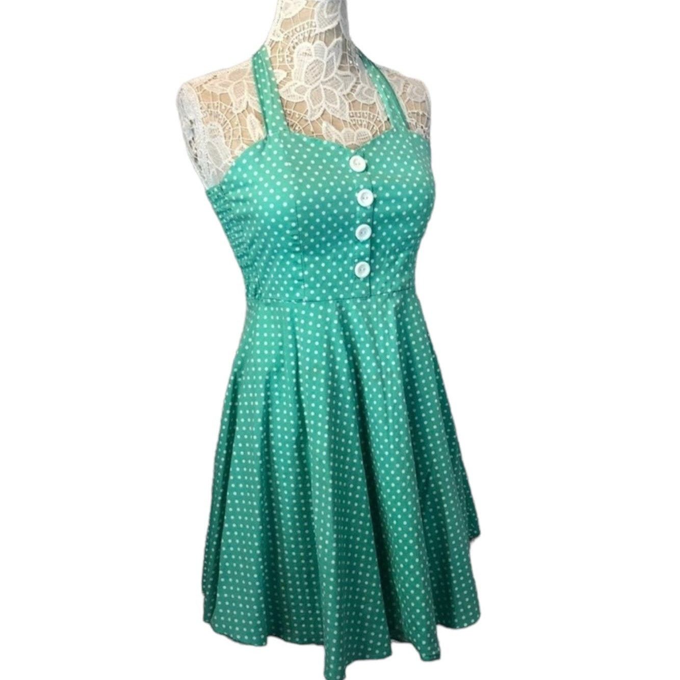Vintage Sara U.S.A Vtg Retro Pin Up Halter Dress Green polkdot large Size L / US 10 / IT 46 - 3 Thumbnail