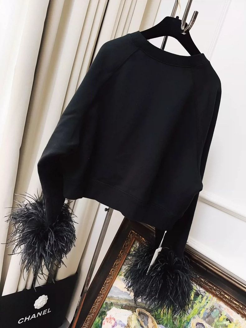 Prada Black Sweatshirt with Ostrich Feather Cuffs-2506 Size L / US 10 / IT 46 - 2 Thumbnail