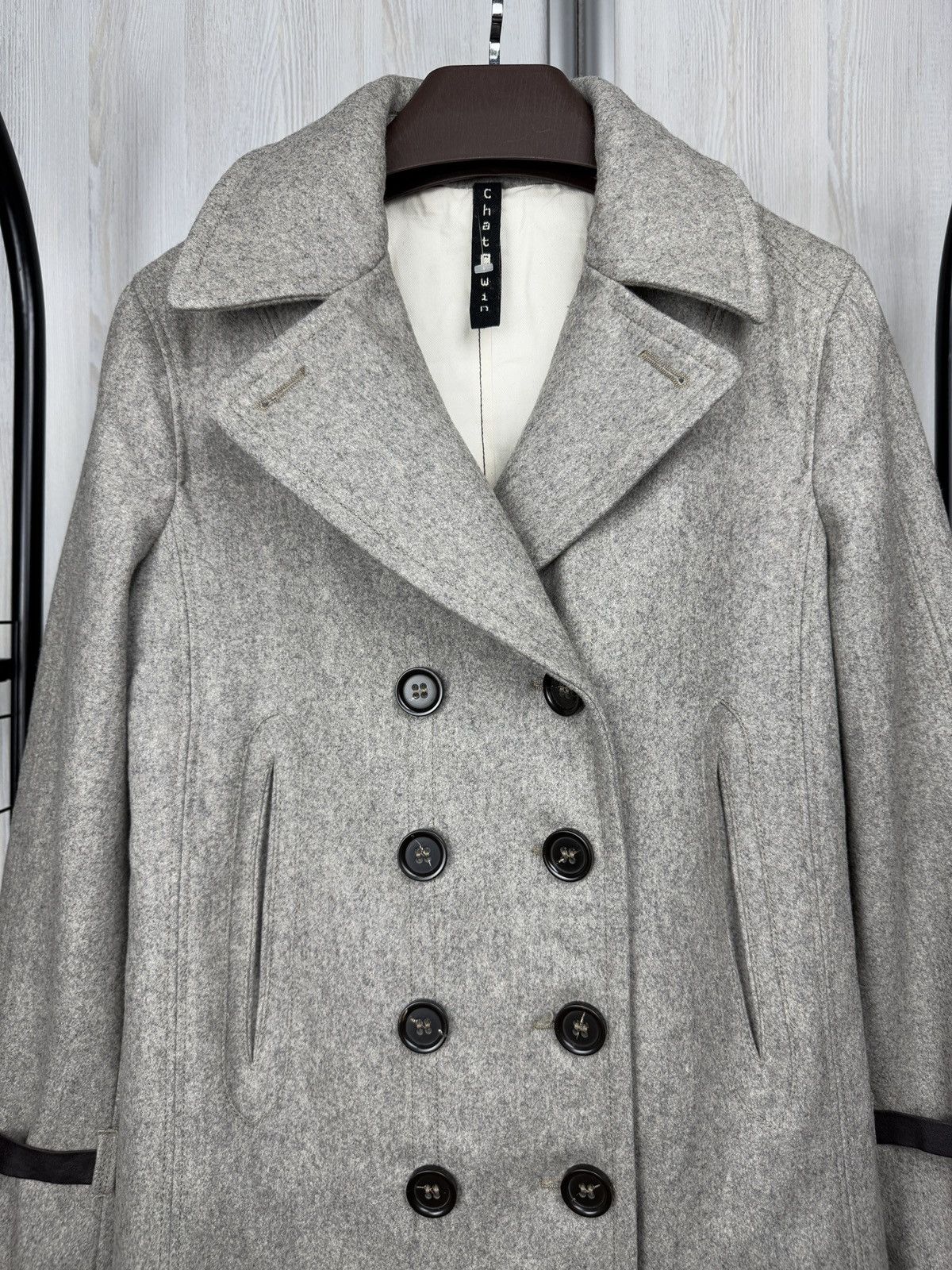 Other ChatCwin Grey Wool Double-Breasted Coat leather trim size 46 Size L / US 10 / IT 46 - 3 Thumbnail