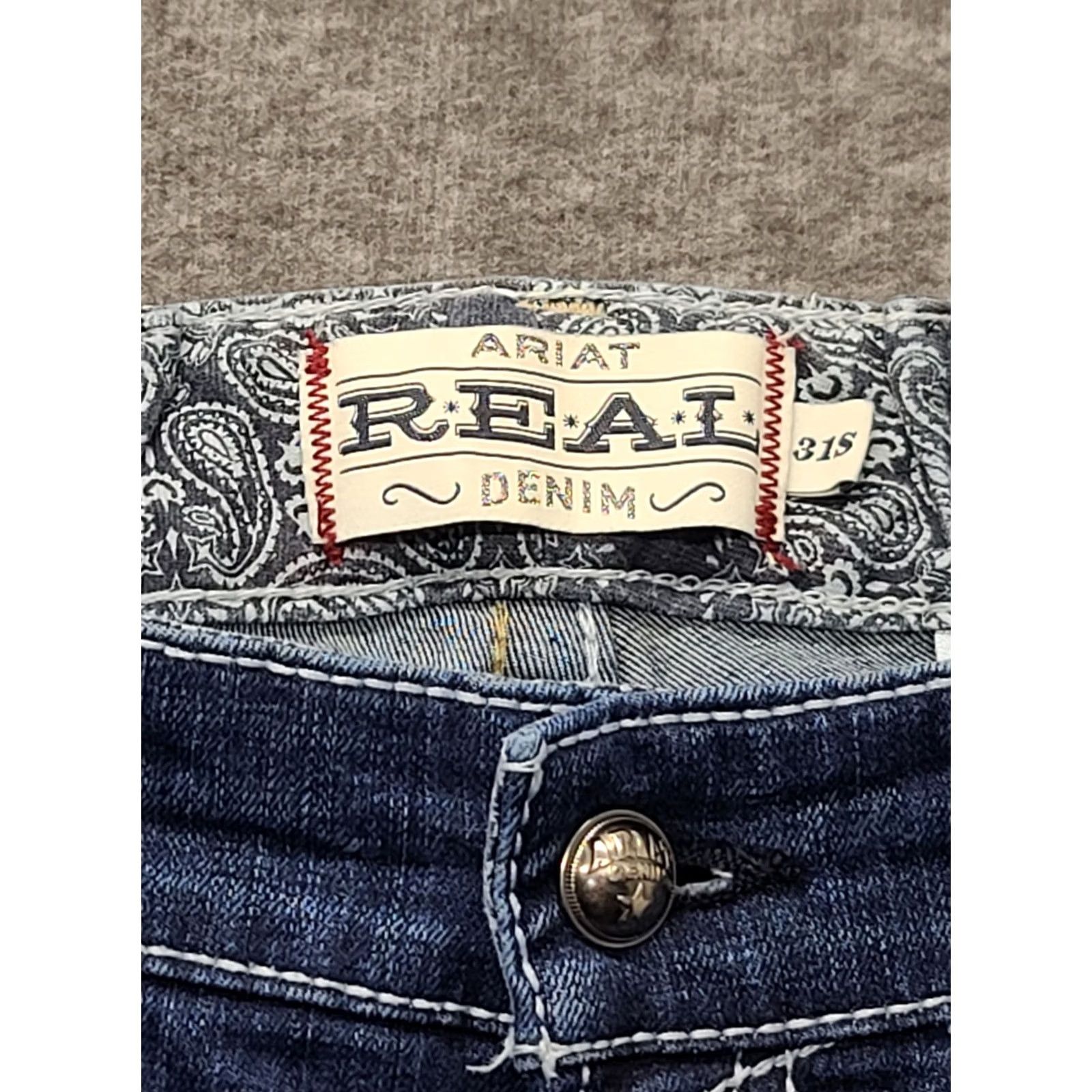 Ariat Ariat REAL Denim Jeans Womens 31 Regular Bootcut Stretch Distressed Blue 5-Pocket Inseam 30in Cowboy Horse Rodeo Model Size 24" / US 00 / IT 34 - 2 Thumbnail