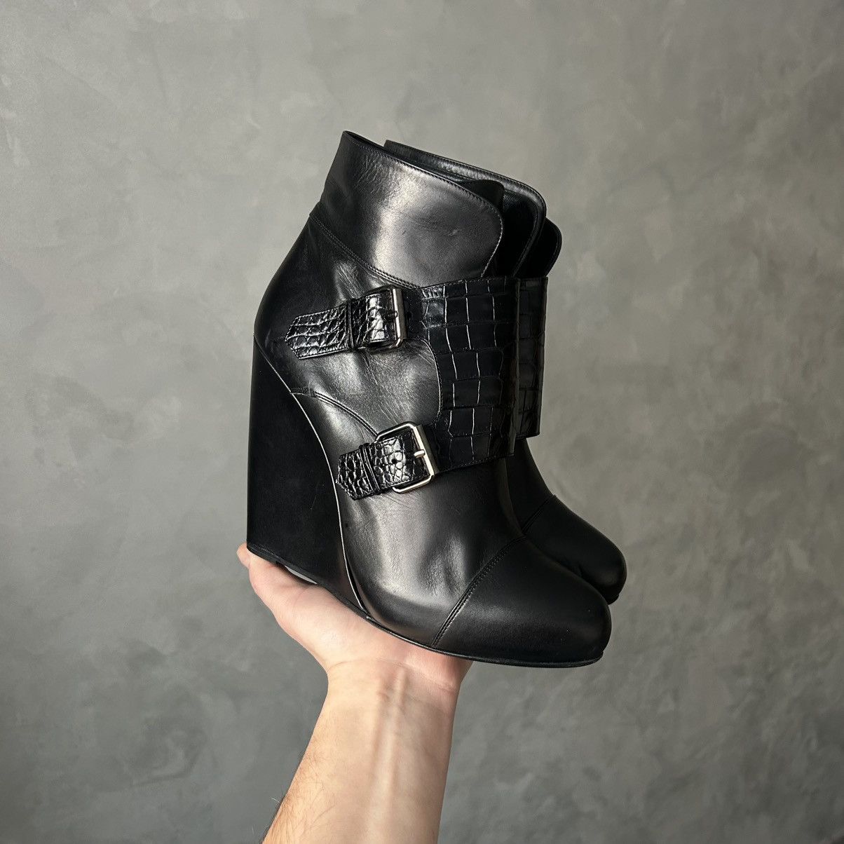 Sacai Sacai Black Buckle Leather Wedge Boots Size US 11 / IT 41 - 1 Thumbnail