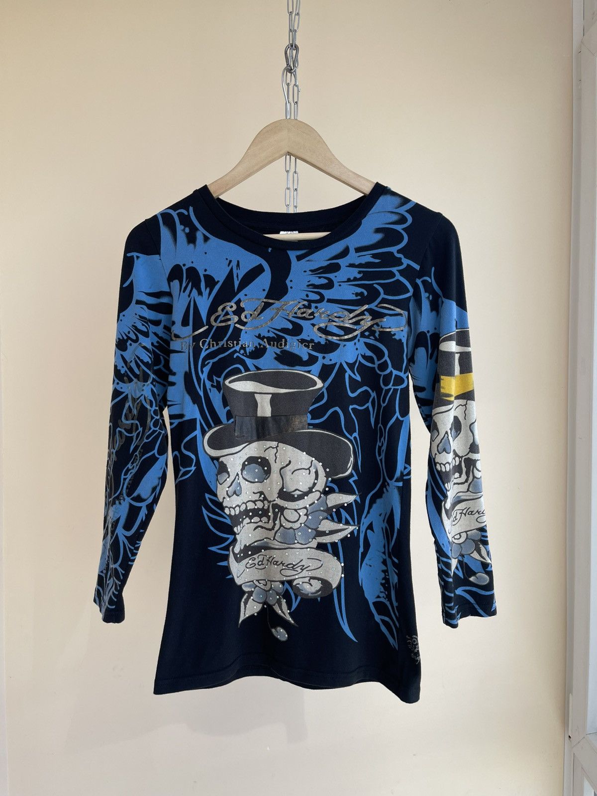 Ed Hardy Y2K Tattoo Skull Overprint Long Sleeve T-Shirt 2000s Vintage Size M / US 6-8 / IT 42-44 - 1 Thumbnail
