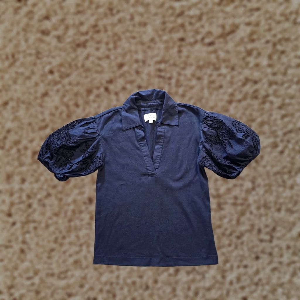 Tanya Taylor Tanya Taylor Top Womens 2XS Blue Eyelet Lace Puff Sleeve Collared Capsule Casual Blouse Knit Cotton Size XXS / US 00 / IT 34 - 1 Thumbnail